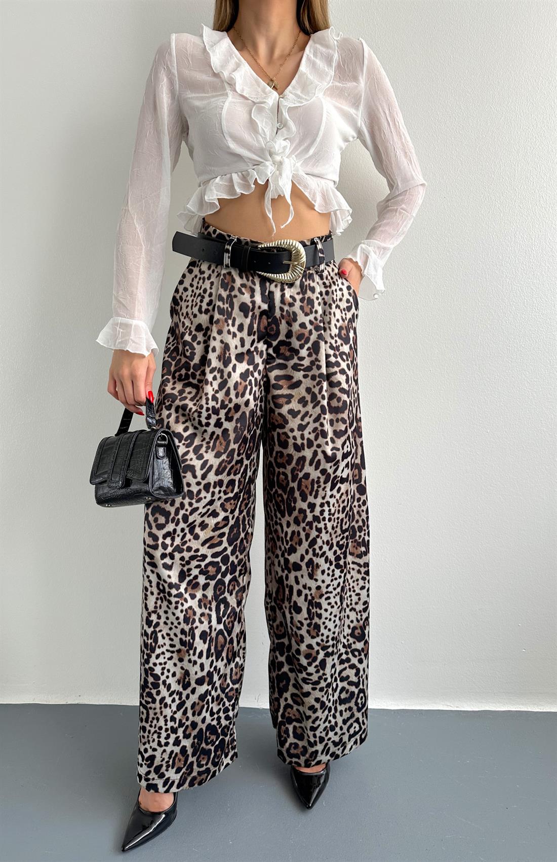 Leopar Desen Saten Pantolon BEJ