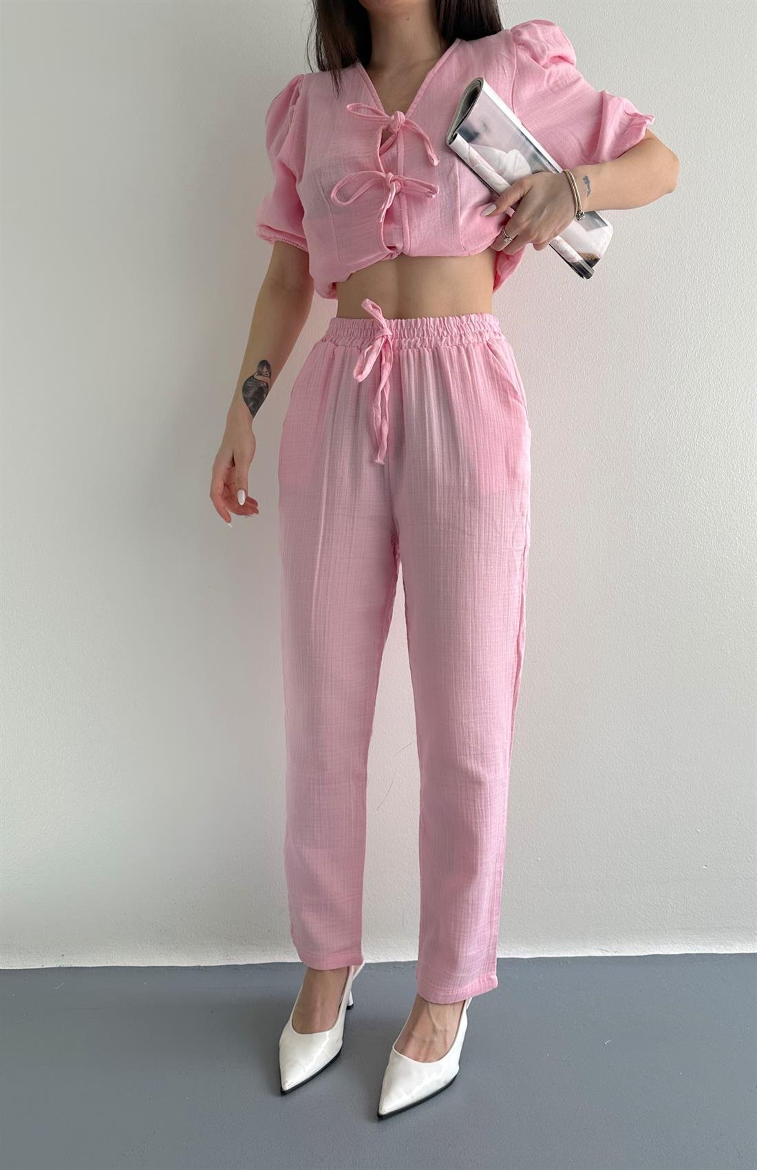 Müslin Salaş Bel Lastikli Pantolon PEMBE