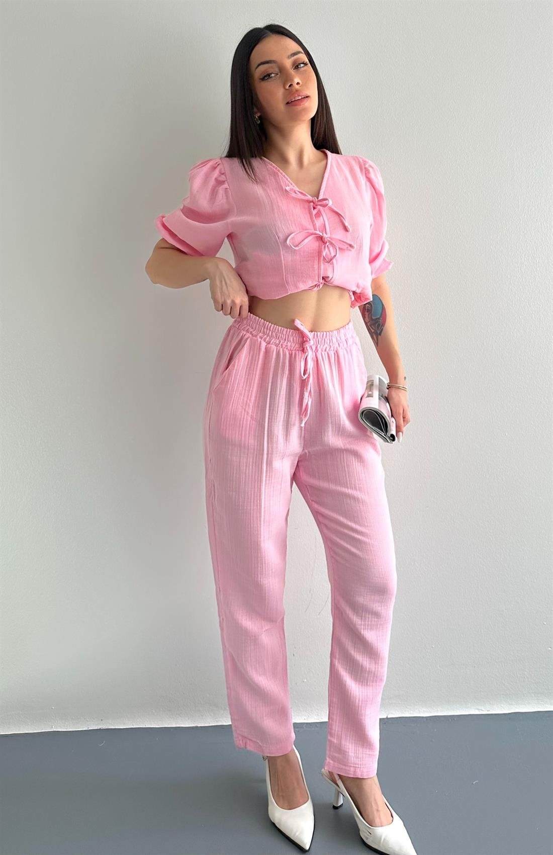 Müslin Salaş Bel Lastikli Pantolon PEMBE