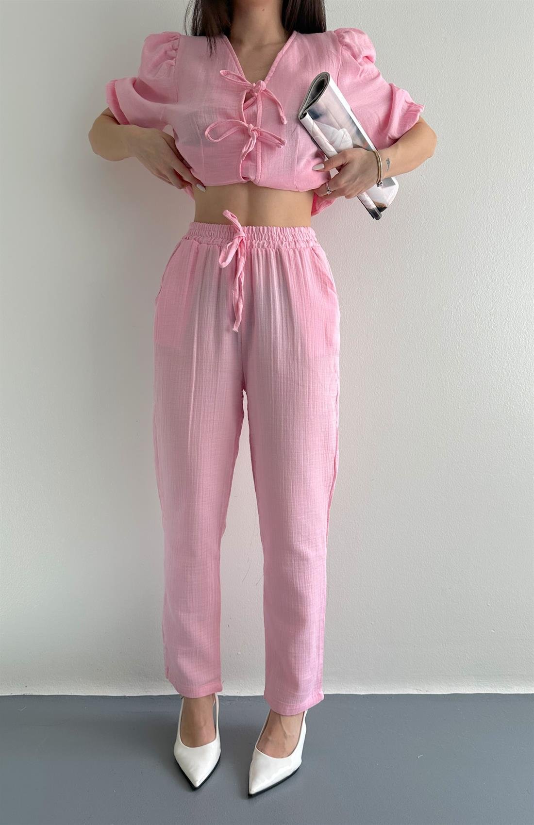 Müslin Salaş Bel Lastikli Pantolon PEMBE