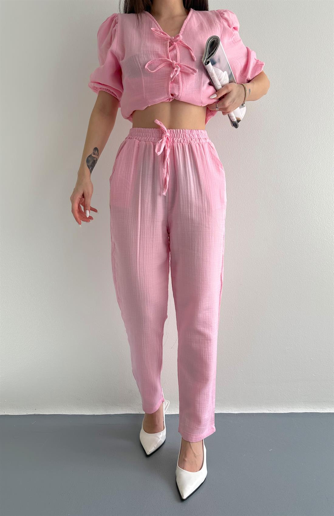 Müslin Salaş Bel Lastikli Pantolon PEMBE