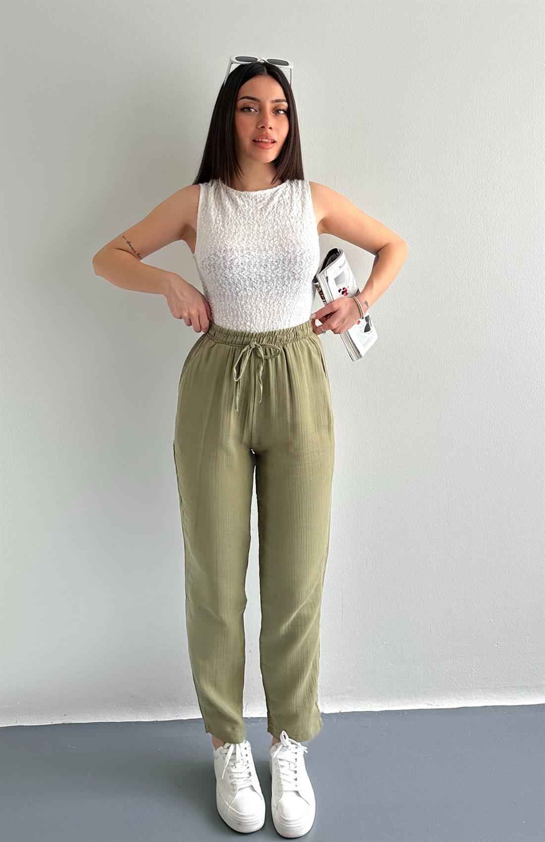 Müslin Salaş Bel Lastikli Pantolon HAKİ