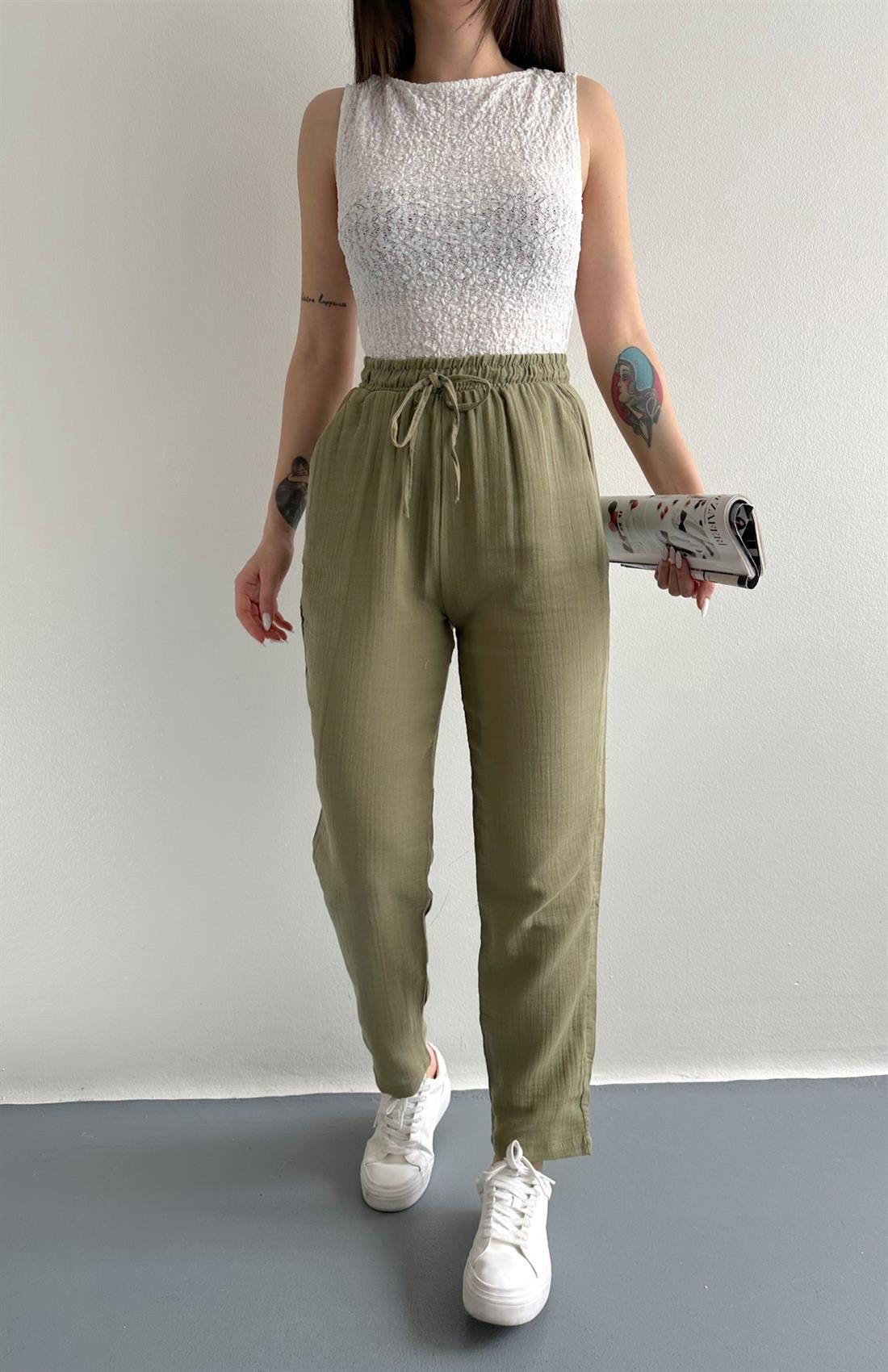 Müslin Salaş Bel Lastikli Pantolon HAKİ