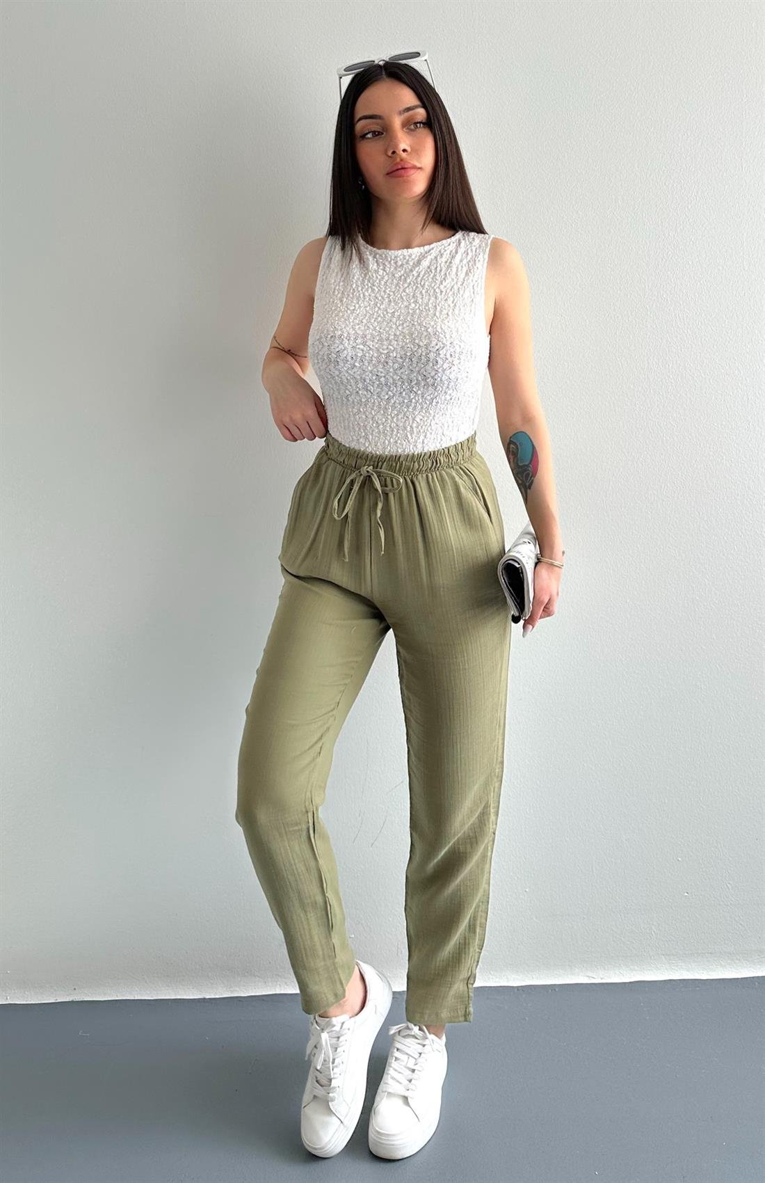 Müslin Salaş Bel Lastikli Pantolon HAKİ