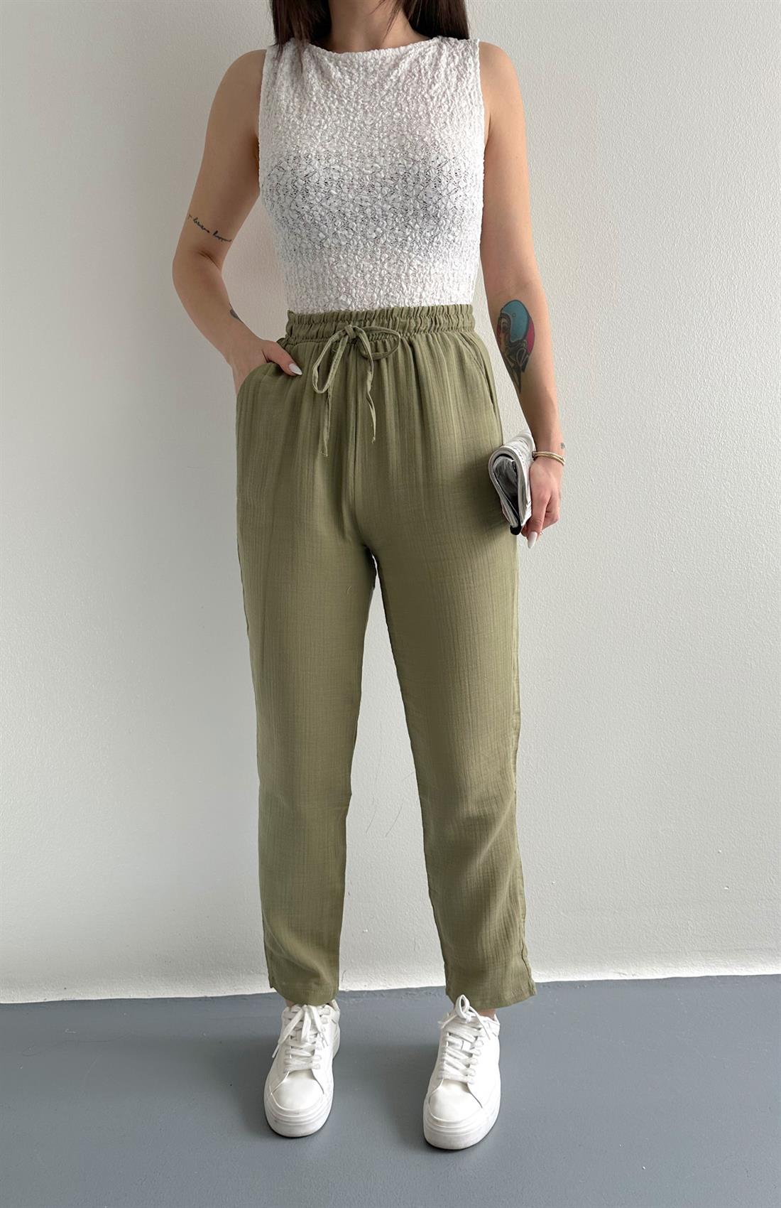 Müslin Salaş Bel Lastikli Pantolon HAKİ