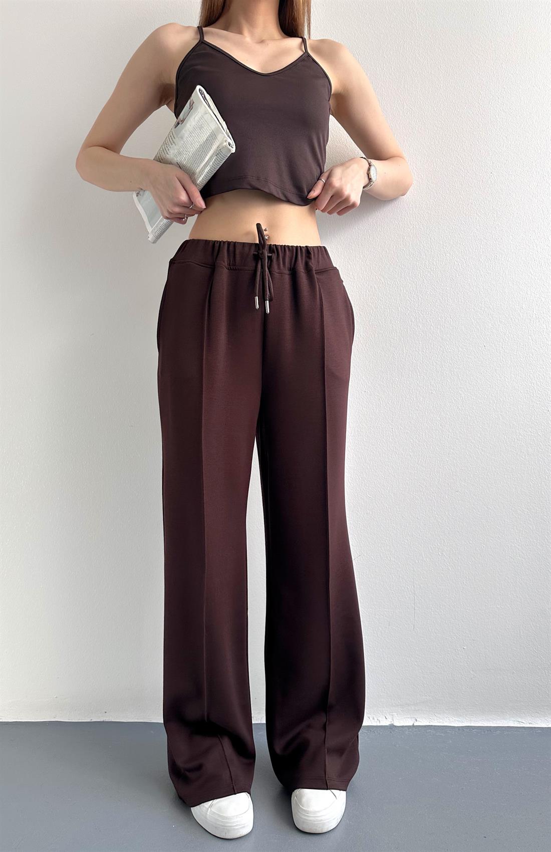 Önü Çimalı Bol Paça Pantolon KAHVERENGİ