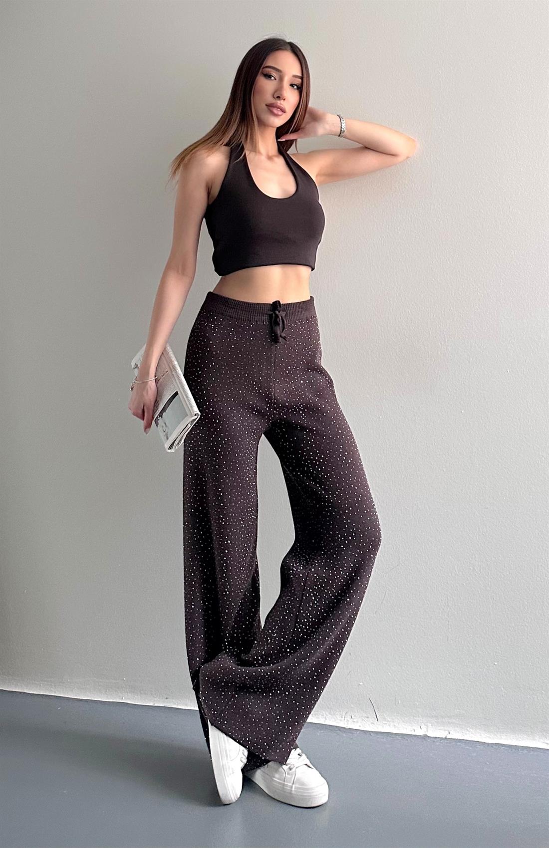 Parlak Taşlı Triko Pantolon KAHVERENGİ