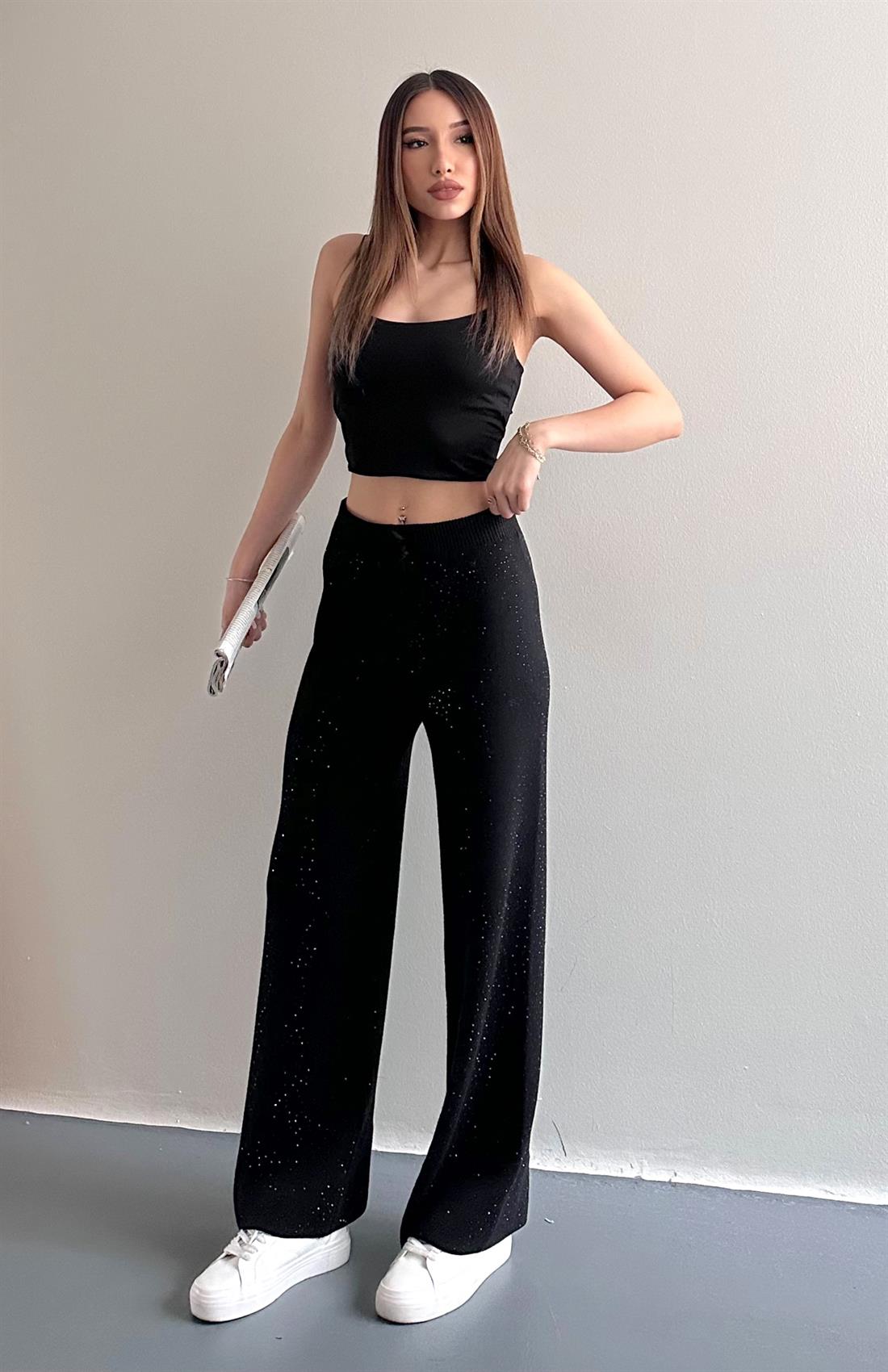 Parlak Taşlı Triko Pantolon SİYAH