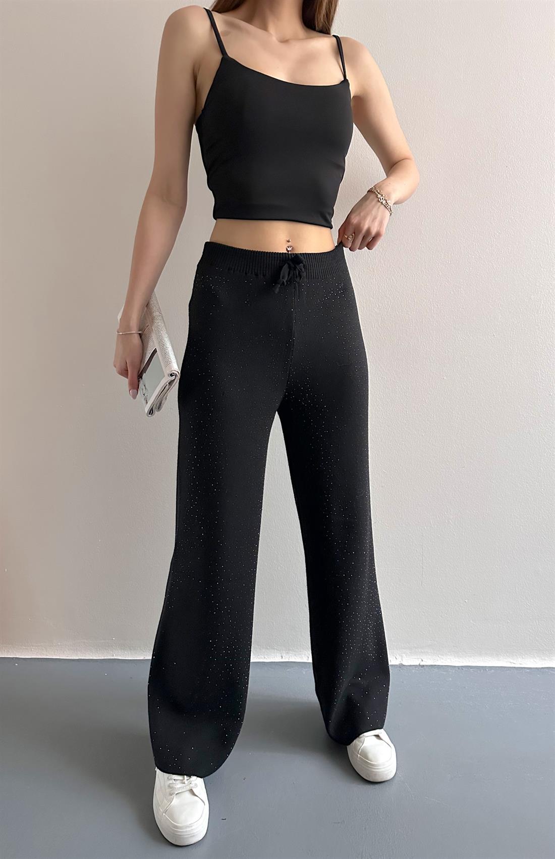 Parlak Taşlı Triko Pantolon SİYAH