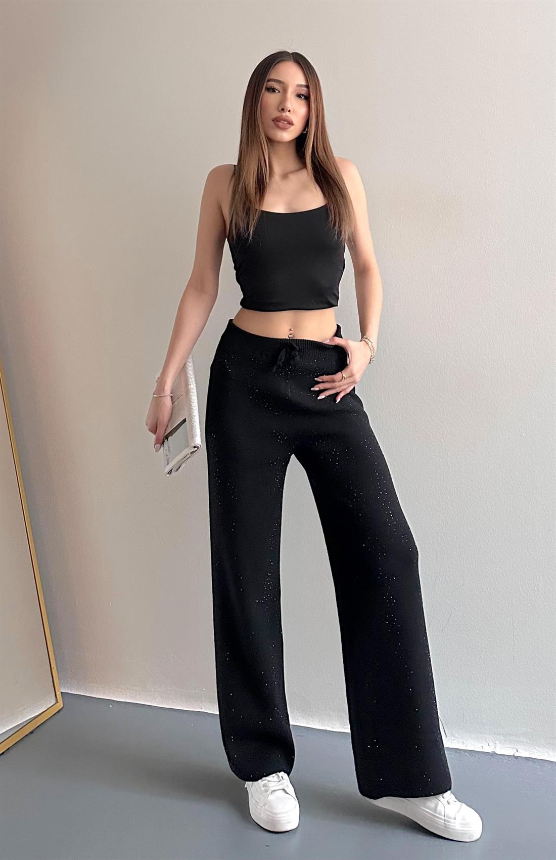 Parlak Taşlı Triko Pantolon SİYAH