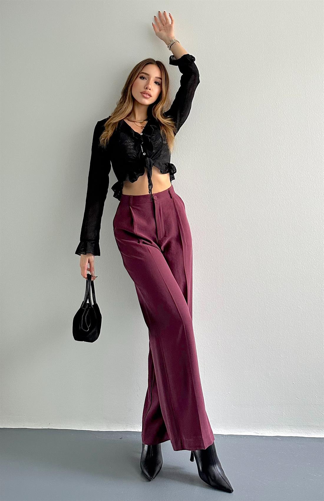 Pileli Bol Paça Pantolon BORDO