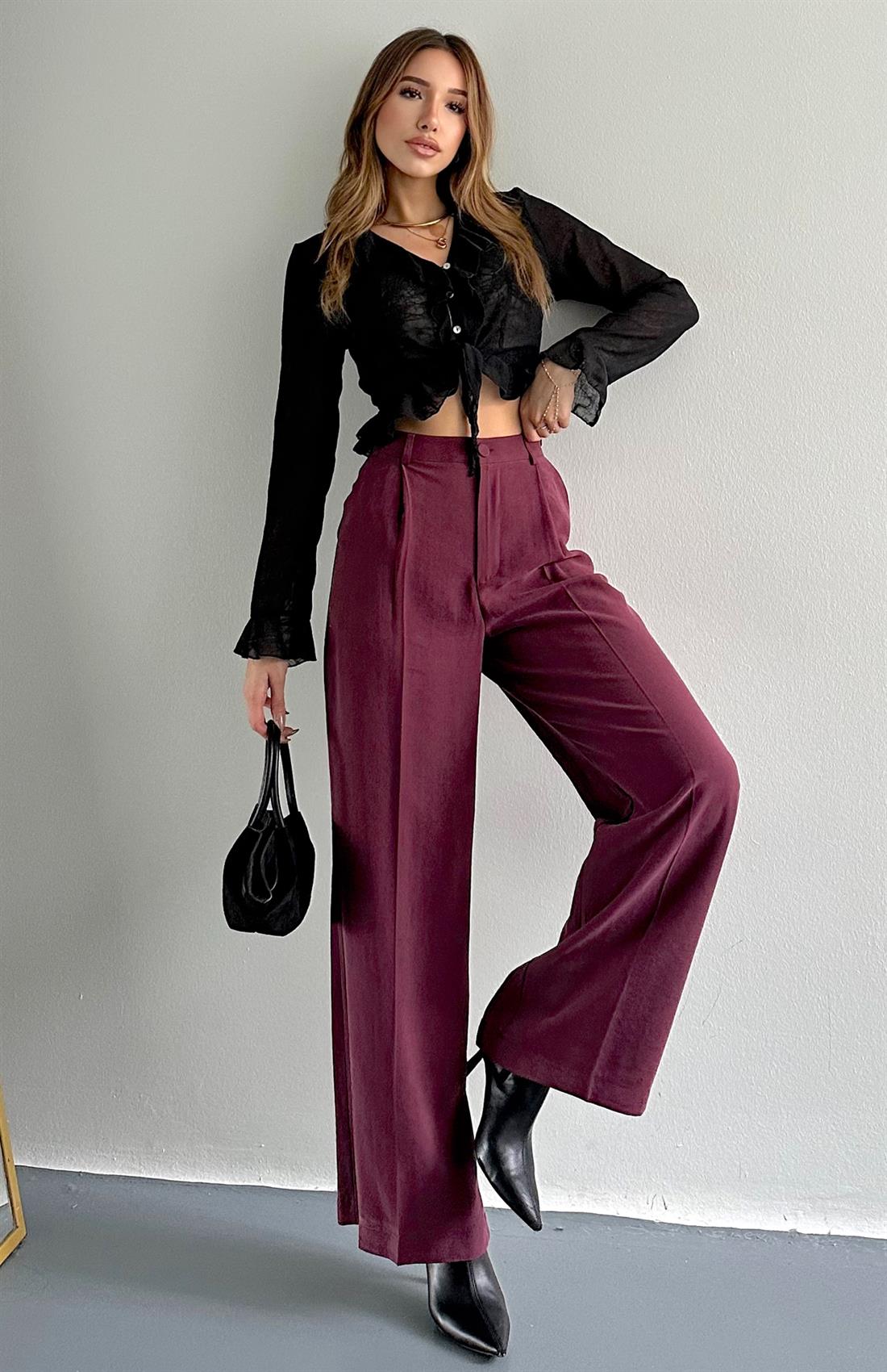 Pileli Bol Paça Pantolon BORDO