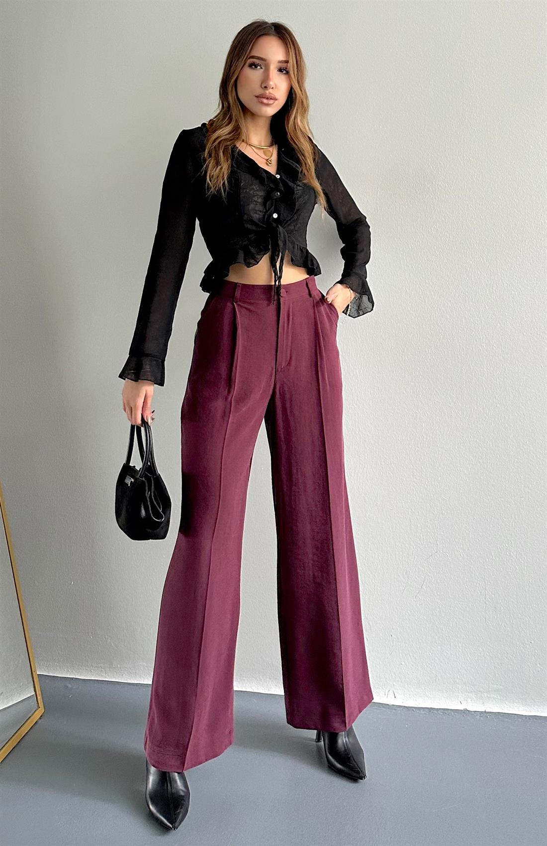 Pileli Bol Paça Pantolon BORDO