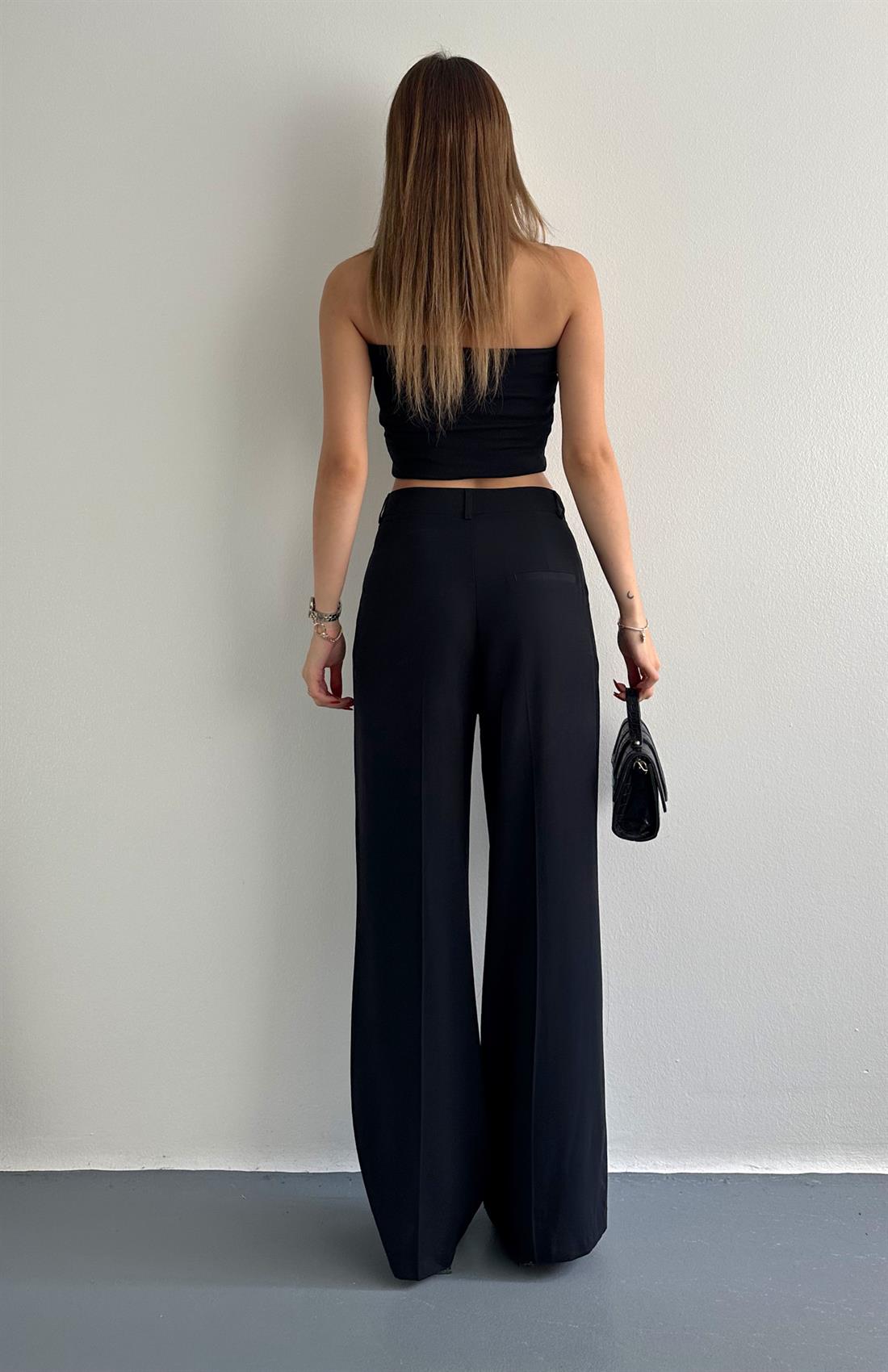 Pileli Bol Paça Pantolon SİYAH