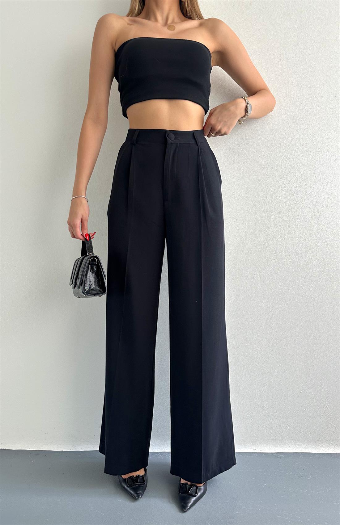 Pileli Bol Paça Pantolon SİYAH