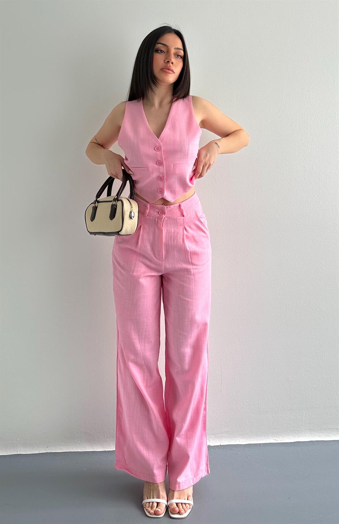 Plazzo Keten Pantolon PEMBE