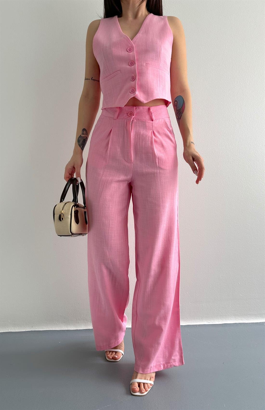 Plazzo Keten Pantolon PEMBE