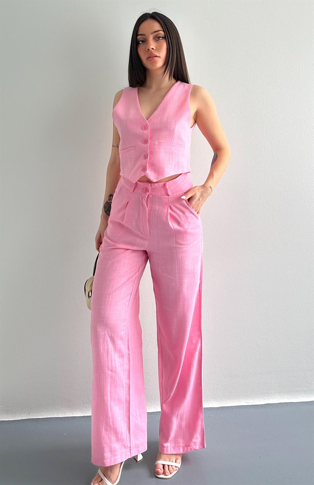 Plazzo Keten Pantolon PEMBE