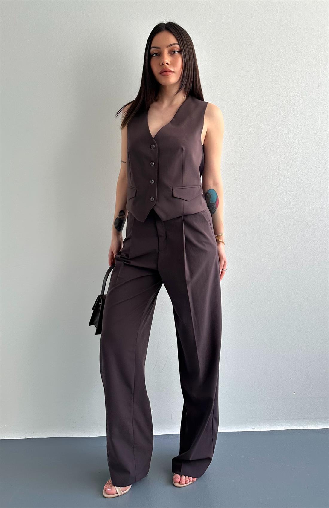 Yüksek Bel Dökümlü Pantolon KAHVERENGİ