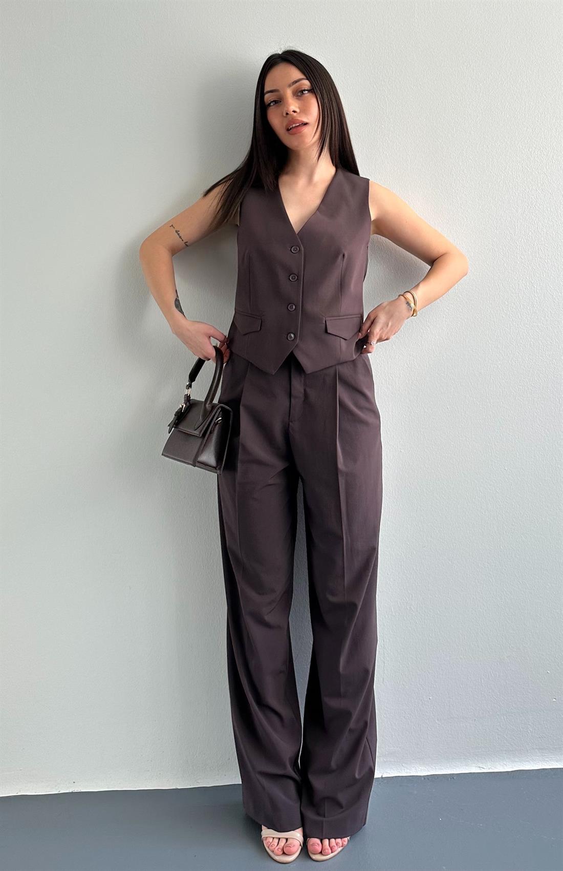 Yüksek Bel Dökümlü Pantolon KAHVERENGİ