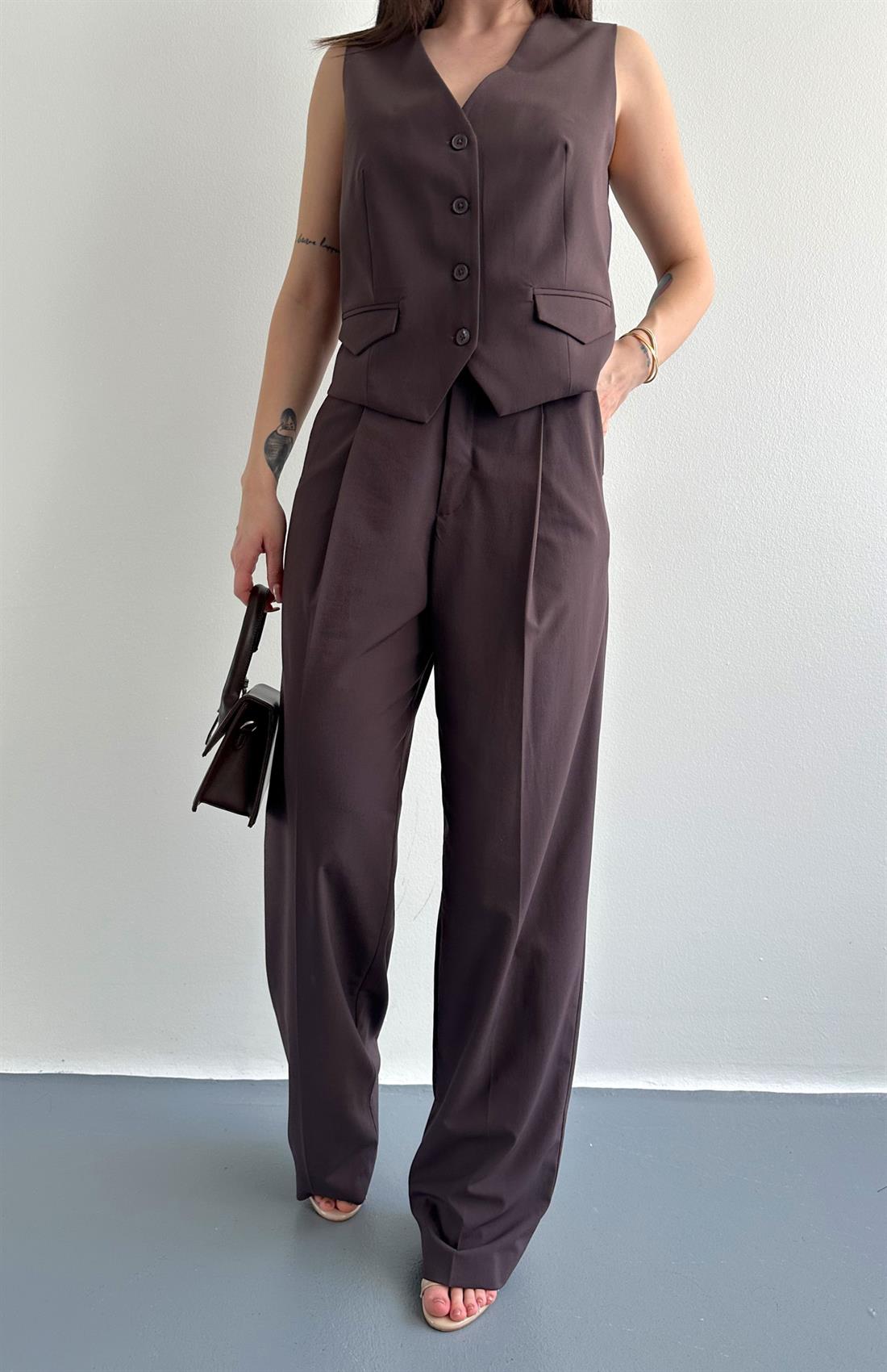 Yüksek Bel Dökümlü Pantolon KAHVERENGİ