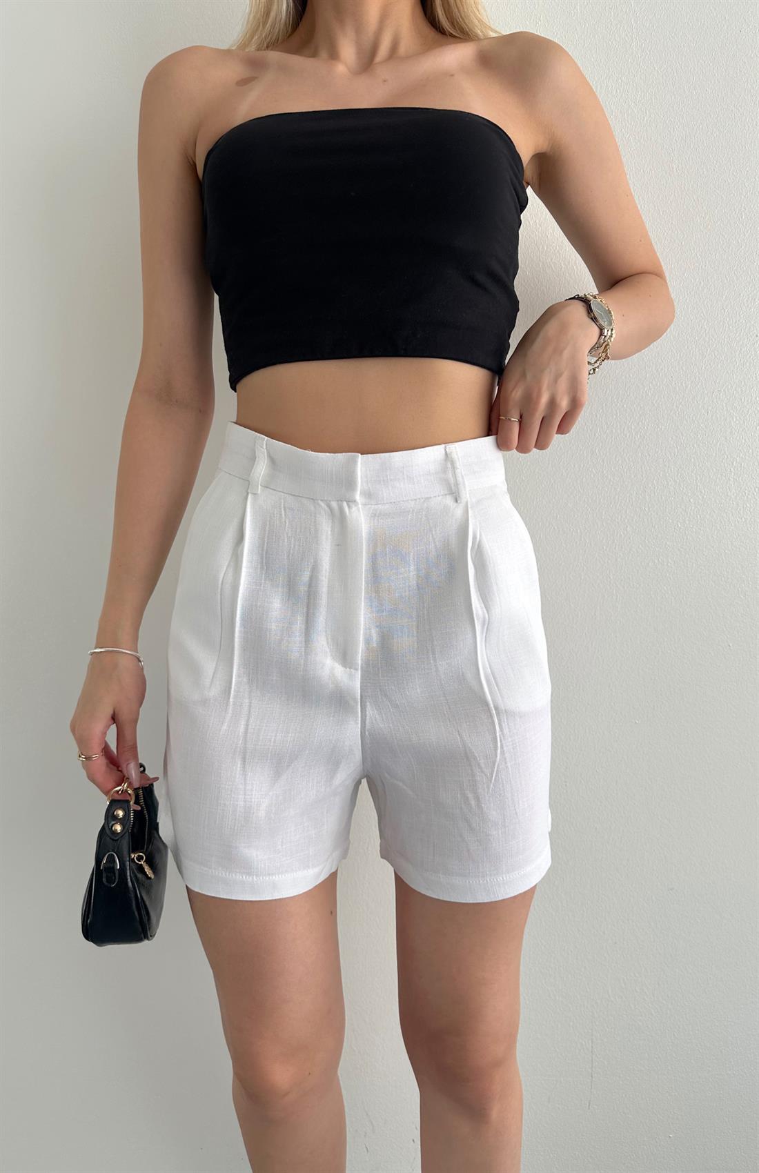 Yüksek Bel Keten Şort BEYAZ