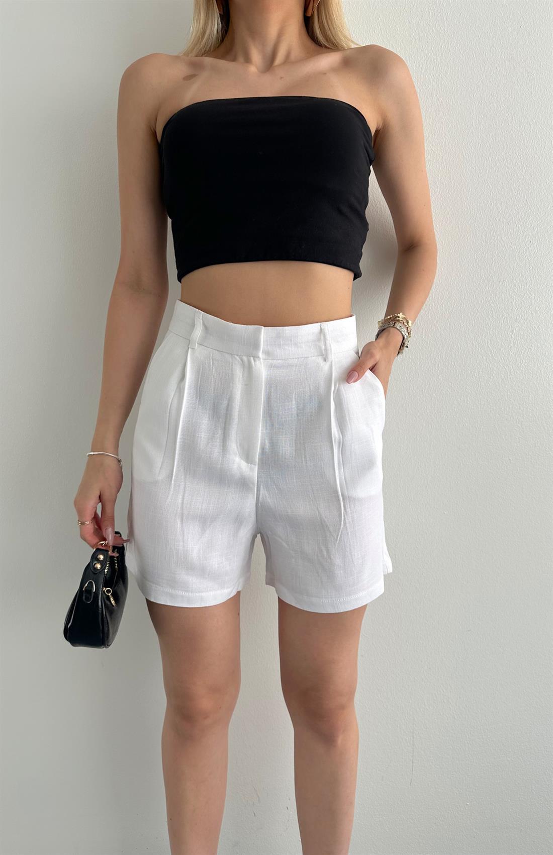 Yüksek Bel Keten Şort BEYAZ