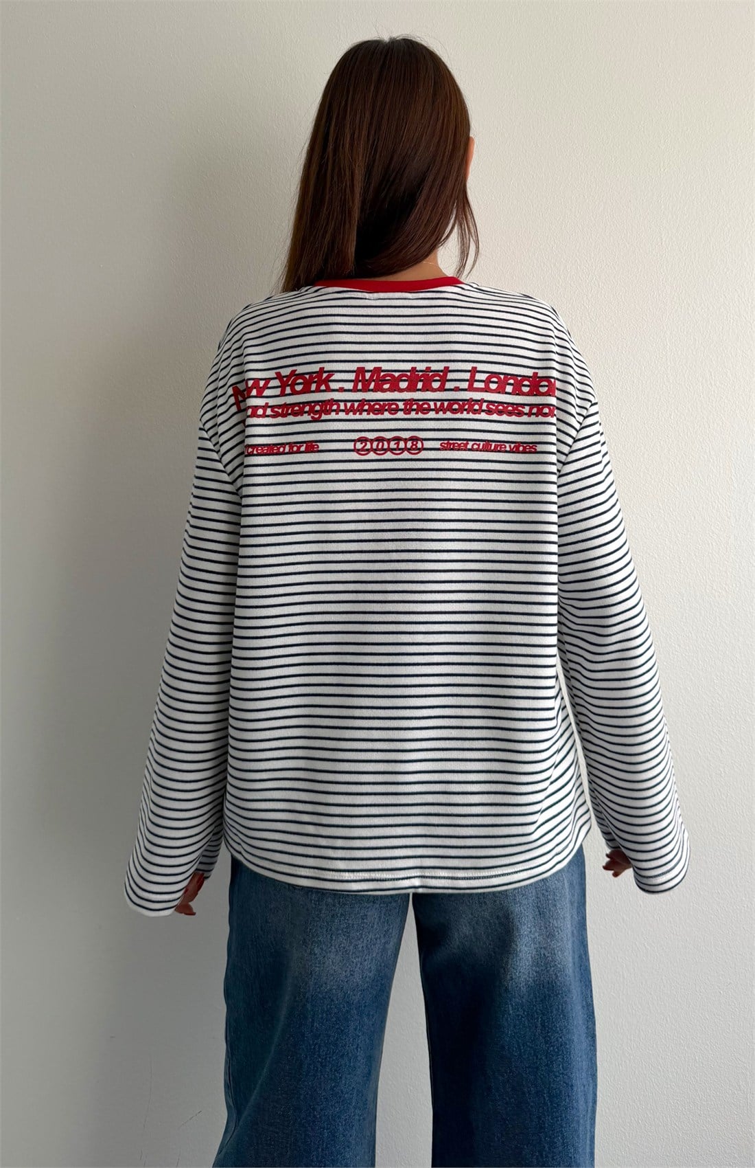 2 İplik Çizgili Sweatshırt LACİVERT