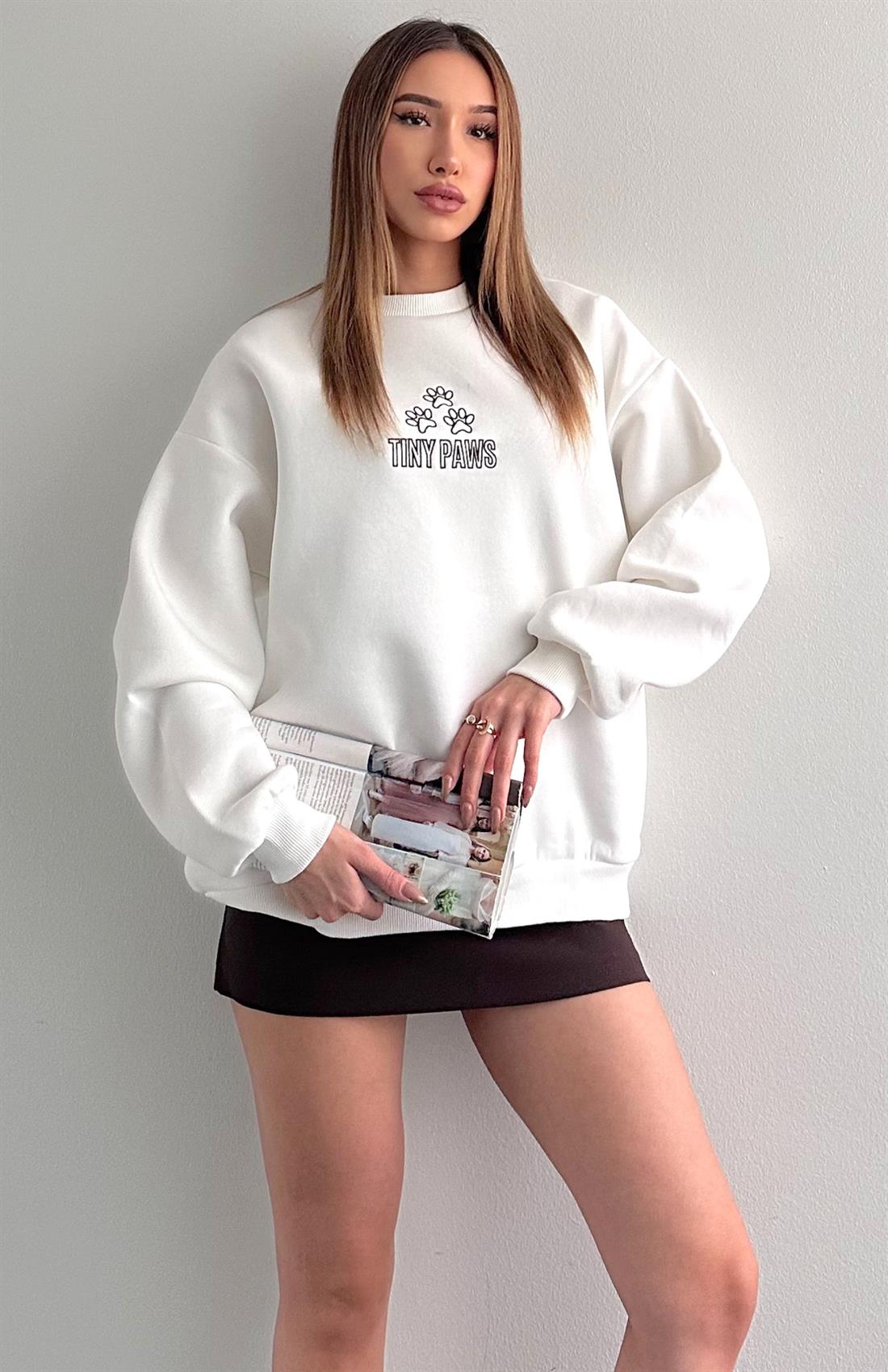 Baskı Ve Nakiş Detaylı Sweatshırt EKRU