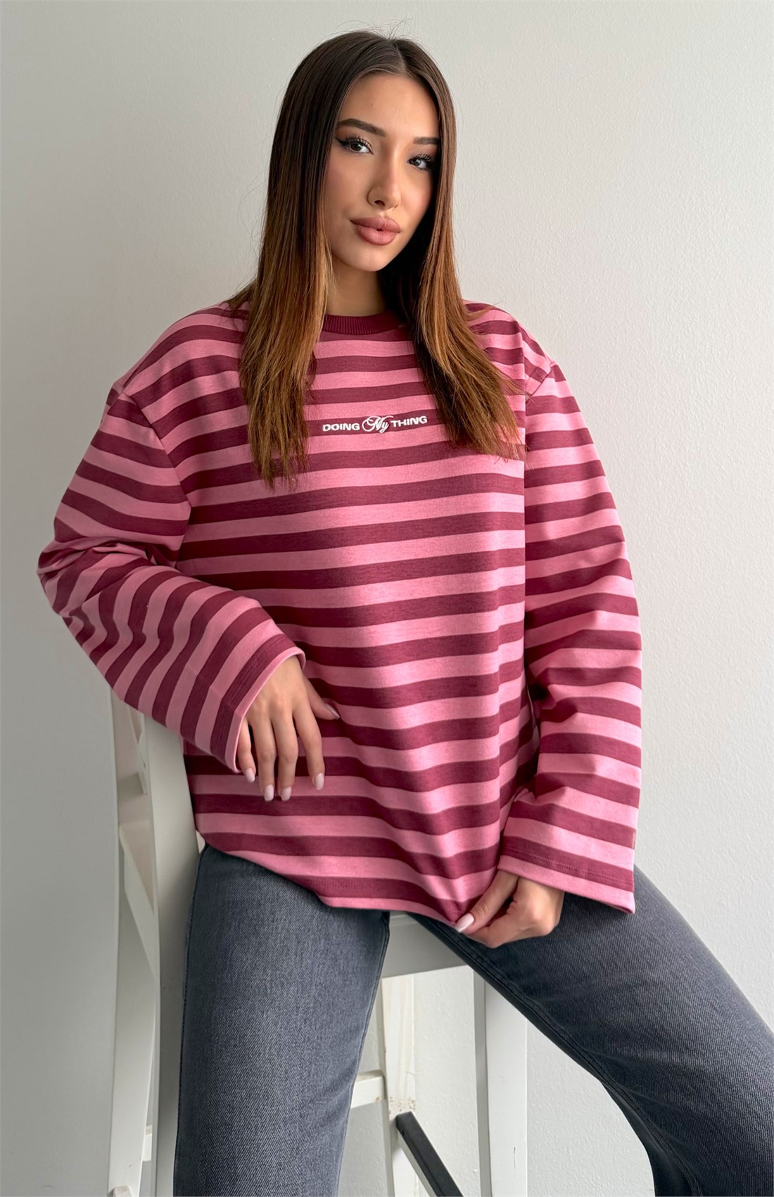 Bisiklet Yaka Çizgili Sweatshırt PEMBE