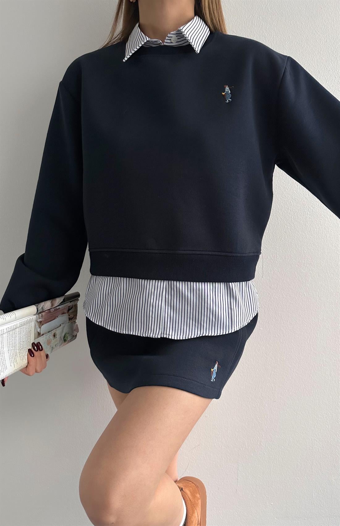 Çizgi Detaylı Sweatshırt LACİVERT