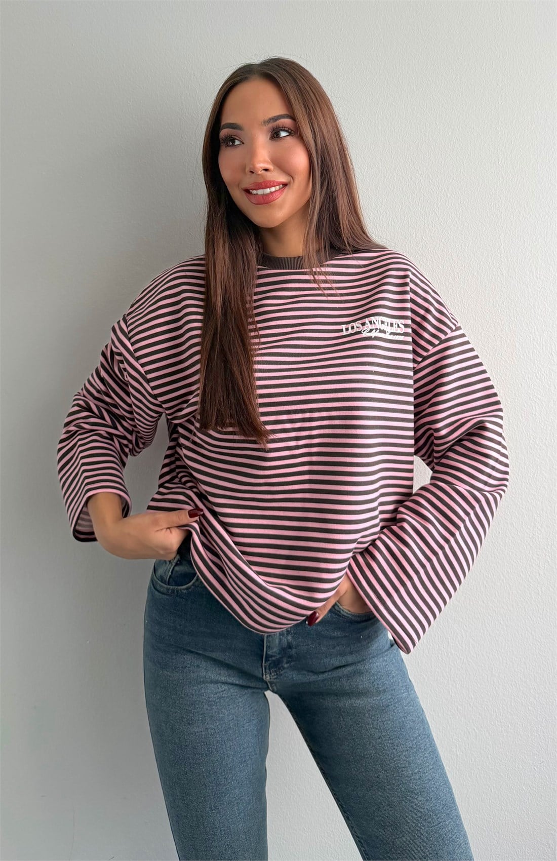 Çizgili Sweatshırt PEMBE