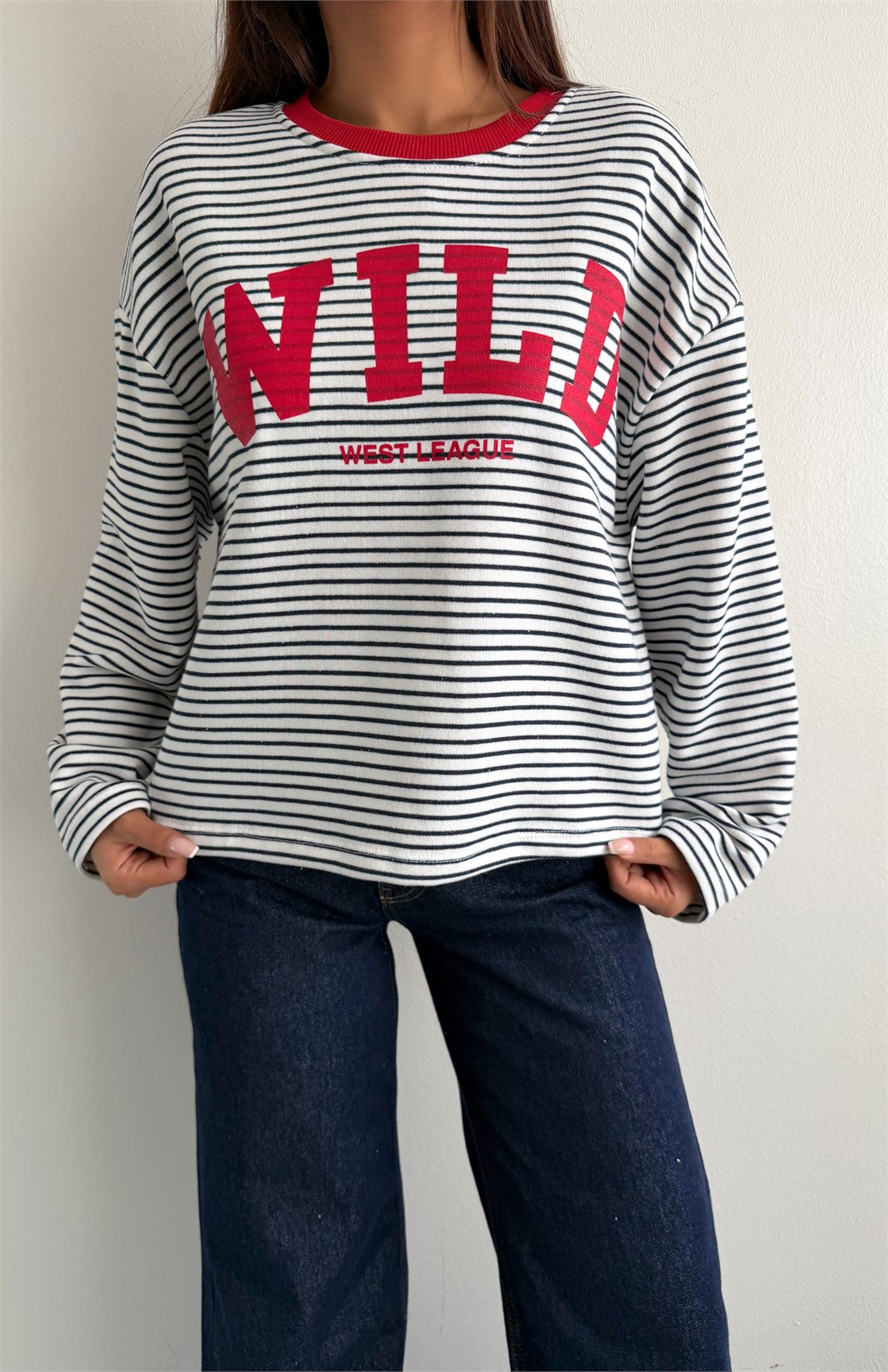Çizgili Wild Baskılı Sweatshırt LACİ ÇİZGİLİ