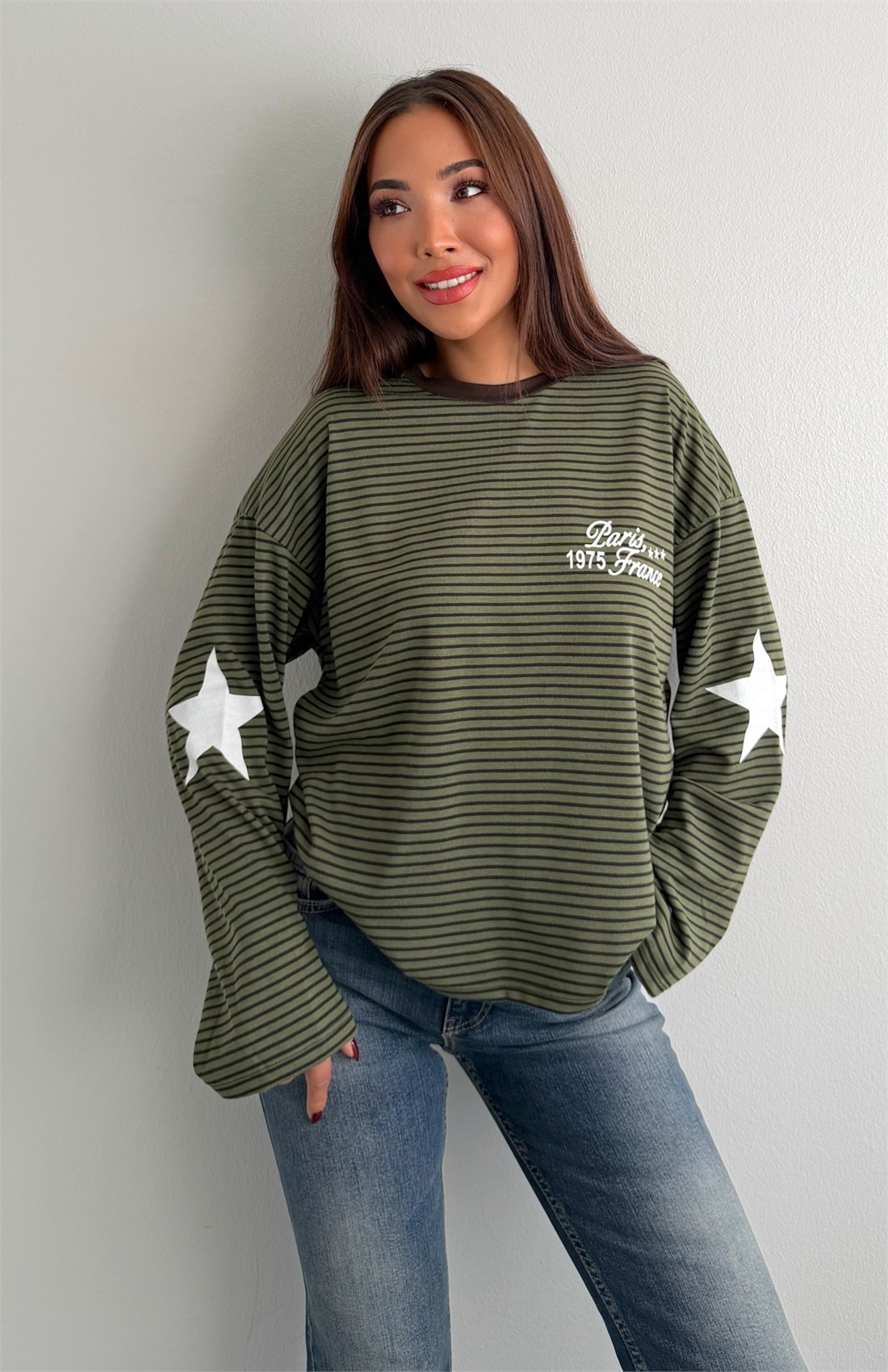 Çizgili Yazılı Sweatshırt HAKİ