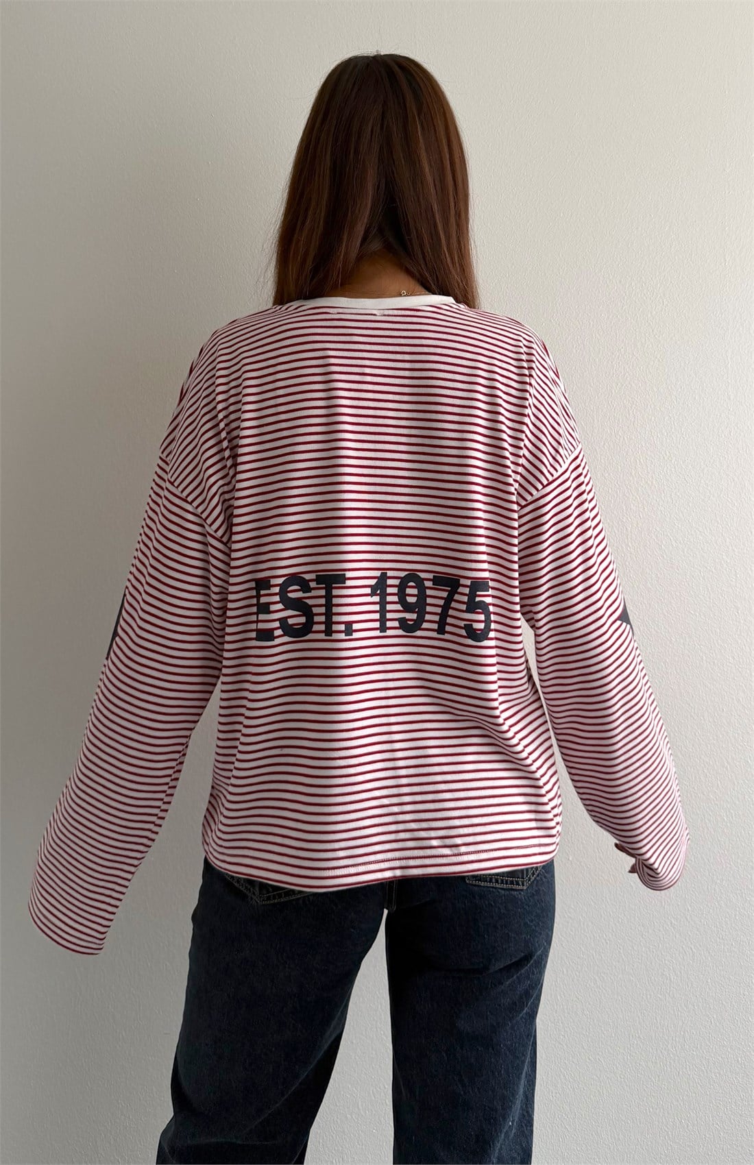 Çizgili Yazılı Sweatshırt KIRMIZI