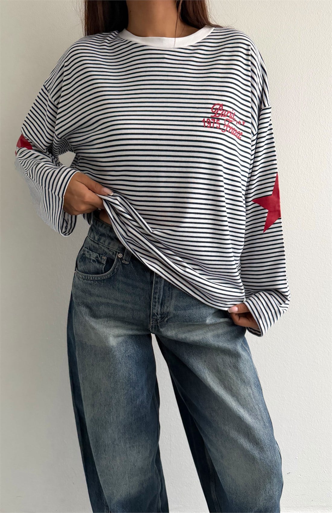 Çizgili Yazılı Sweatshırt LACİVERT
