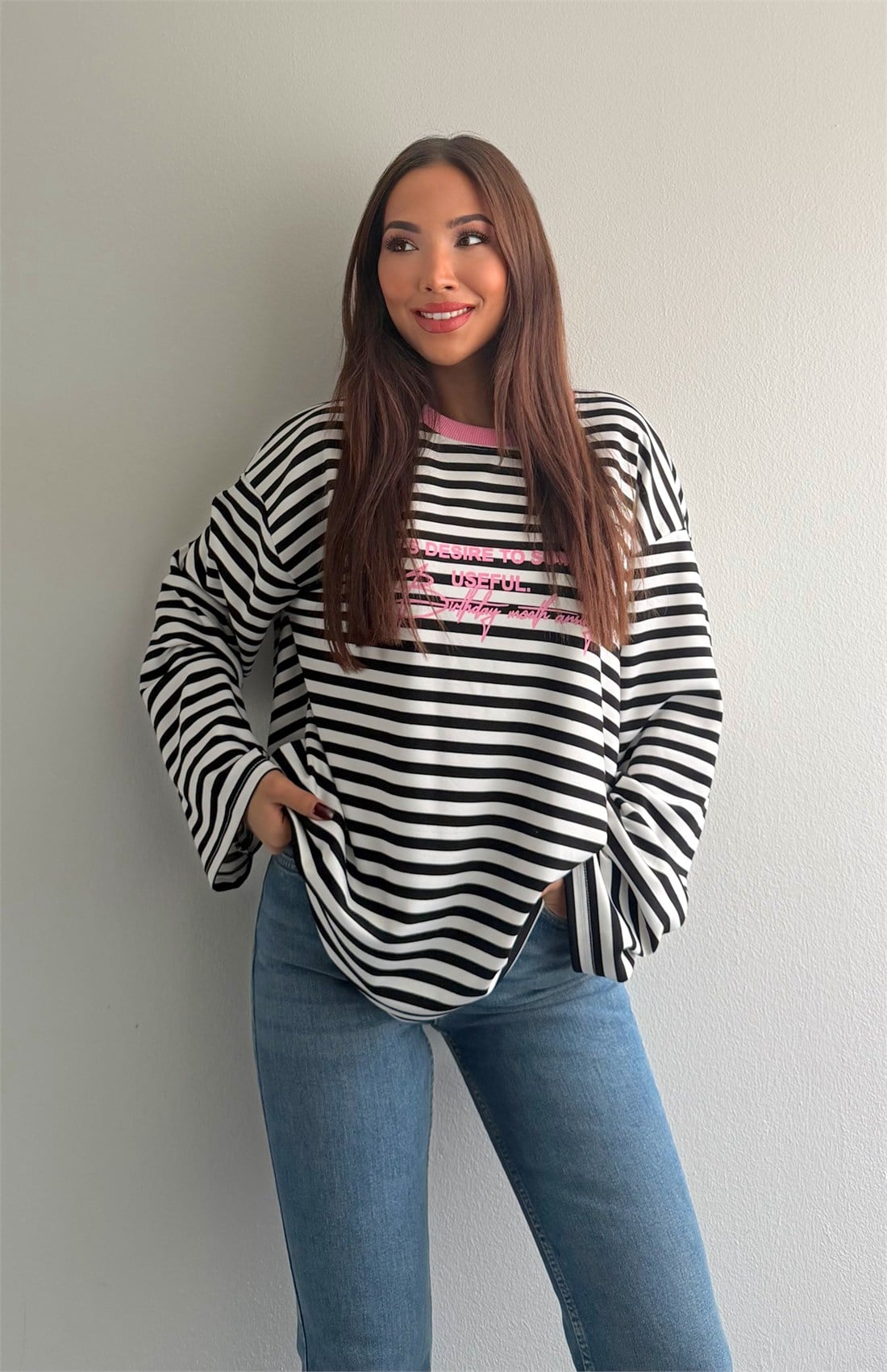 Çizgili Yazılı Sweatshırt PEMBE