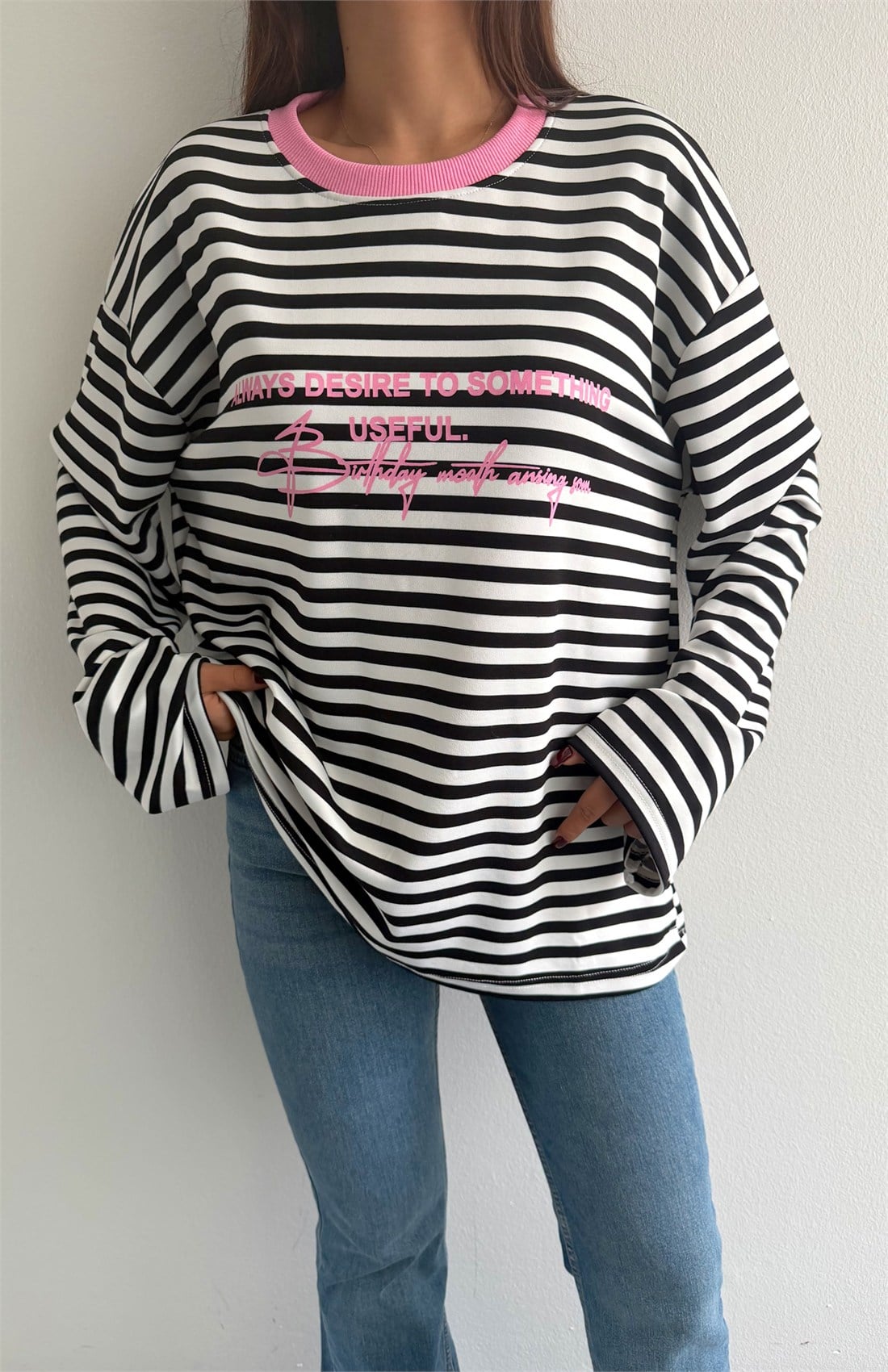 Çizgili Yazılı Sweatshırt PEMBE