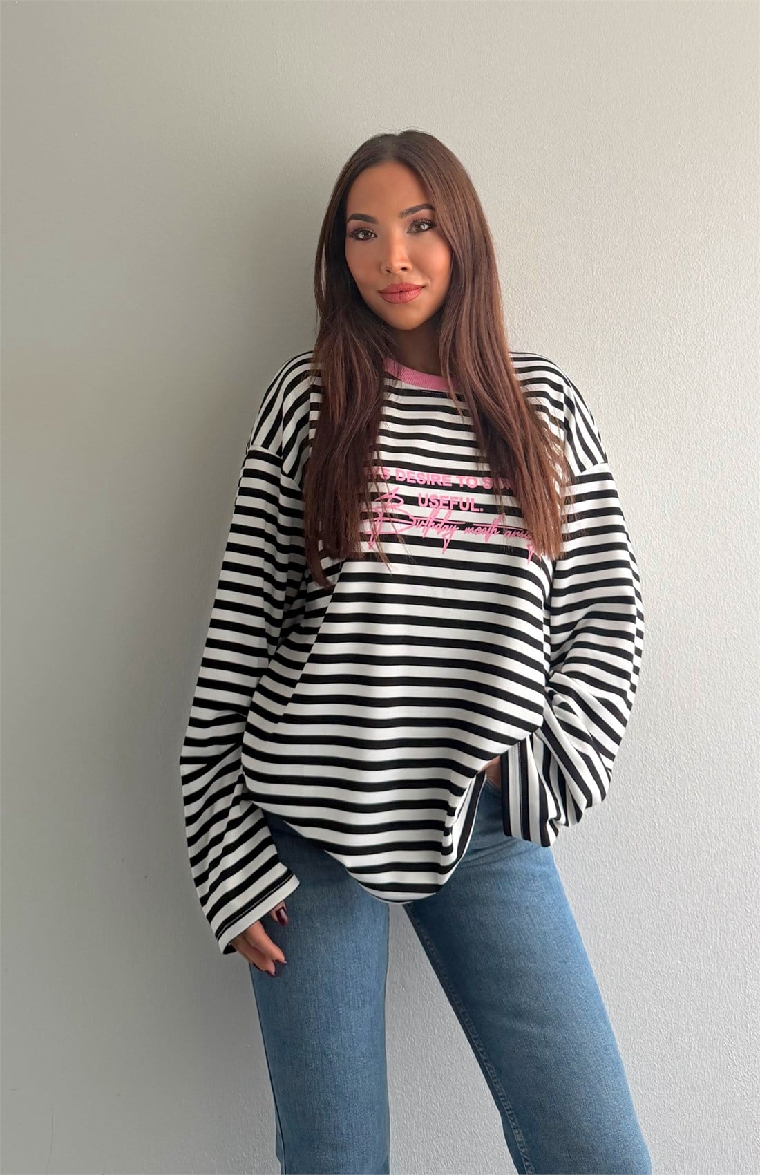 Çizgili Yazılı Sweatshırt PEMBE