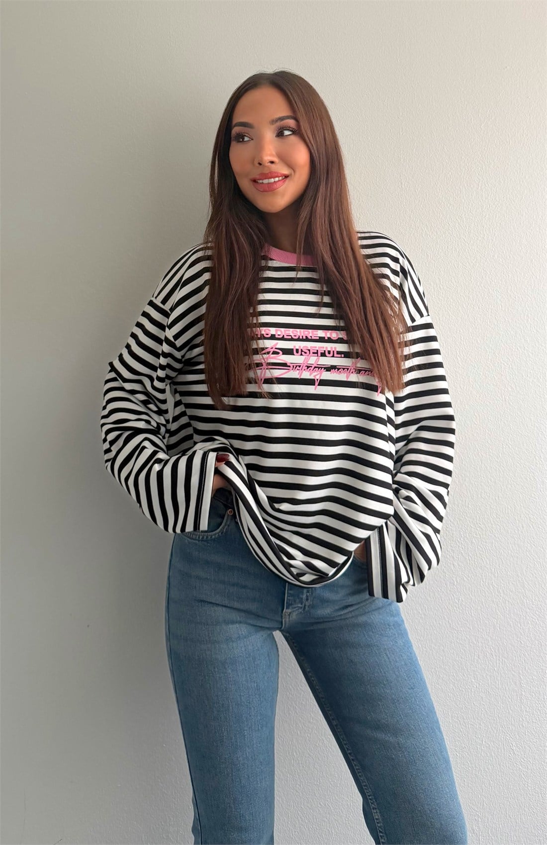 Çizgili Yazılı Sweatshırt PEMBE