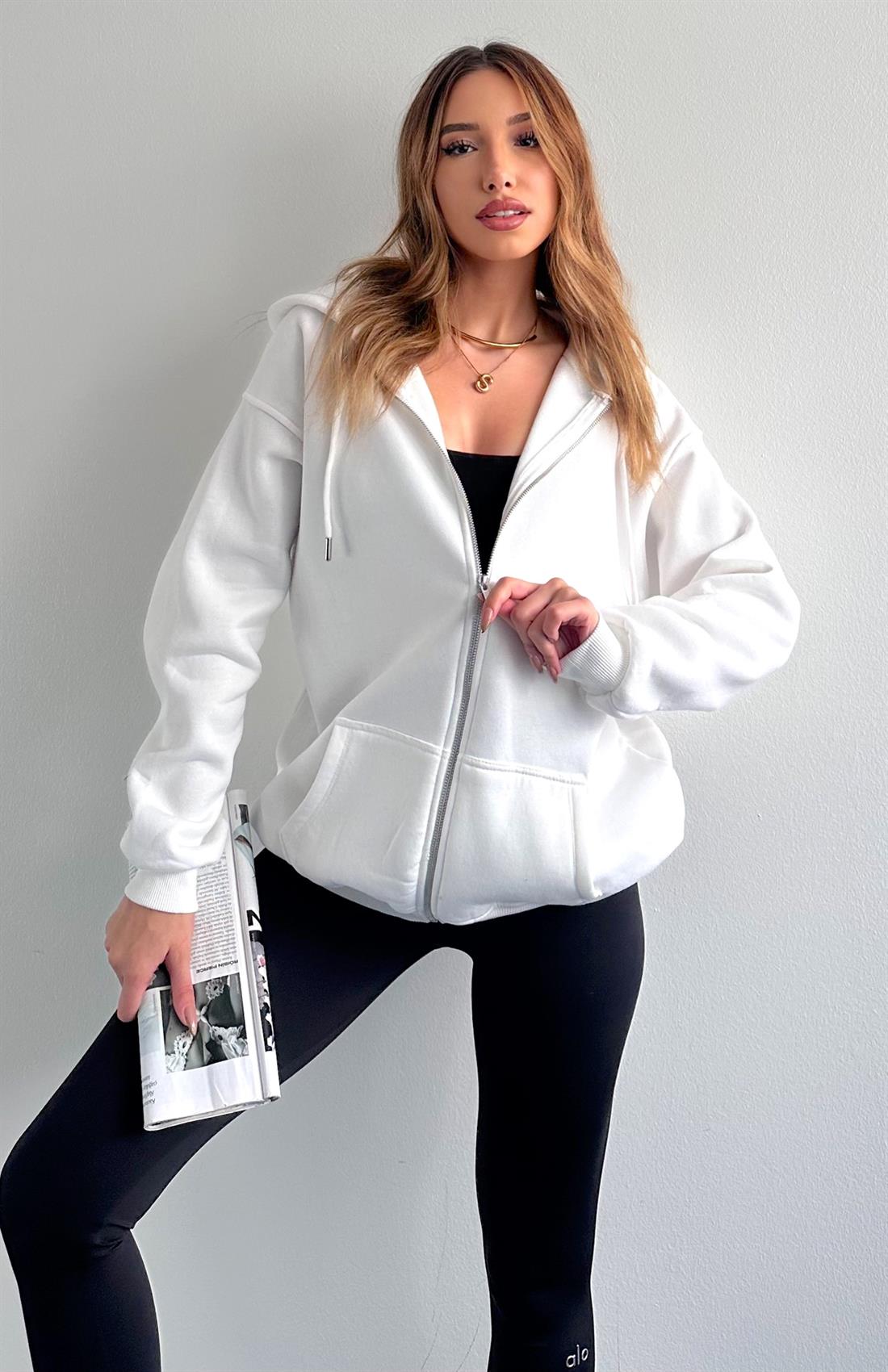 Fermuarkı Kanguru Cepli Kapşonlu Sweatshırt EKRU