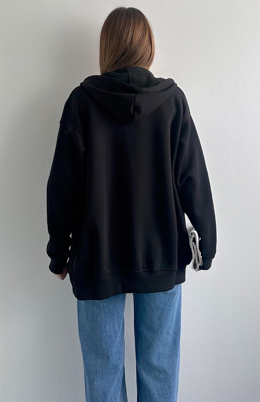 Fermuarkı Kanguru Cepli Kapşonlu Sweatshırt SİYAH