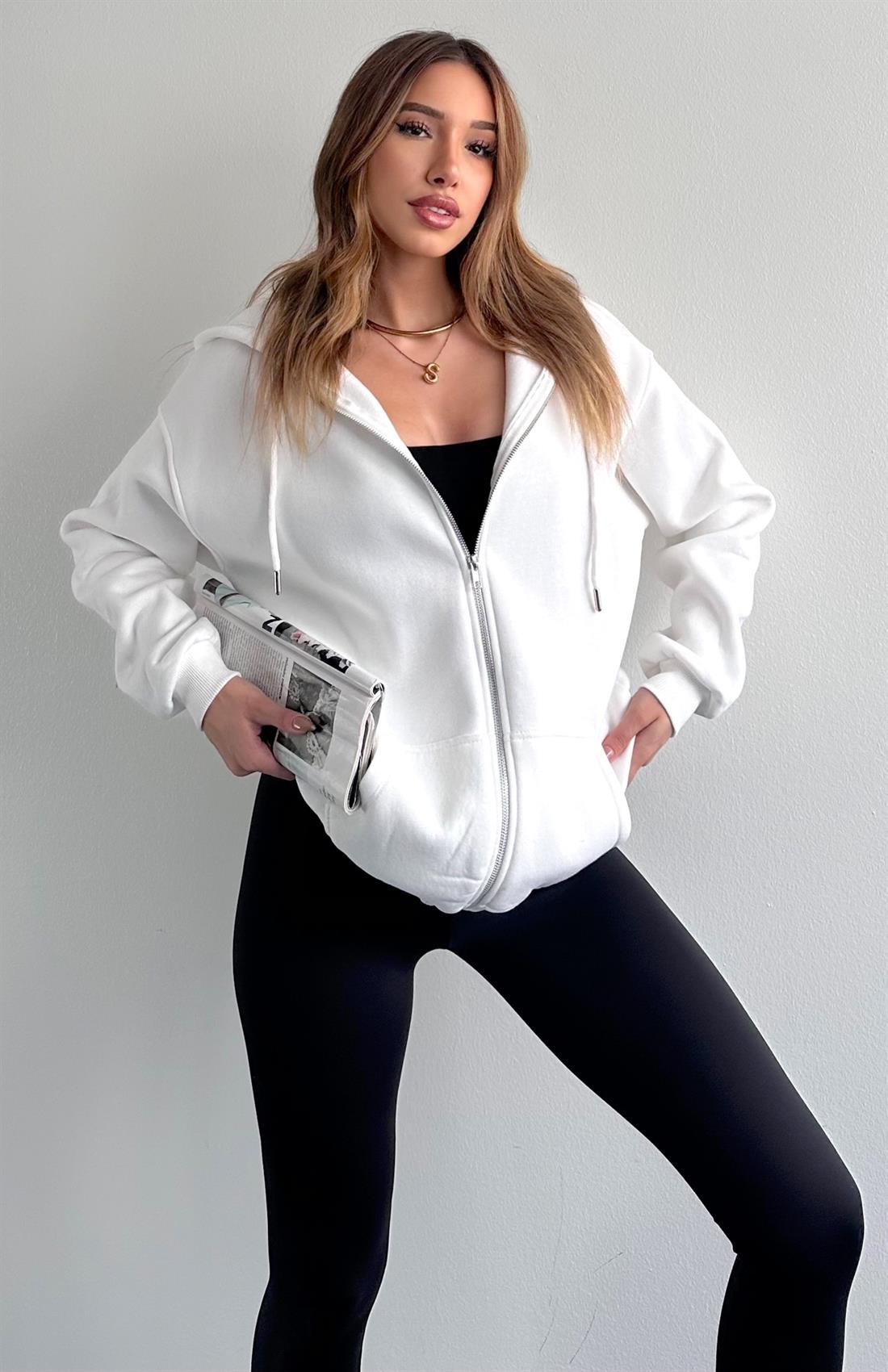 Fermuarkı Kanguru Cepli Kapşonlu Sweatshırt EKRU