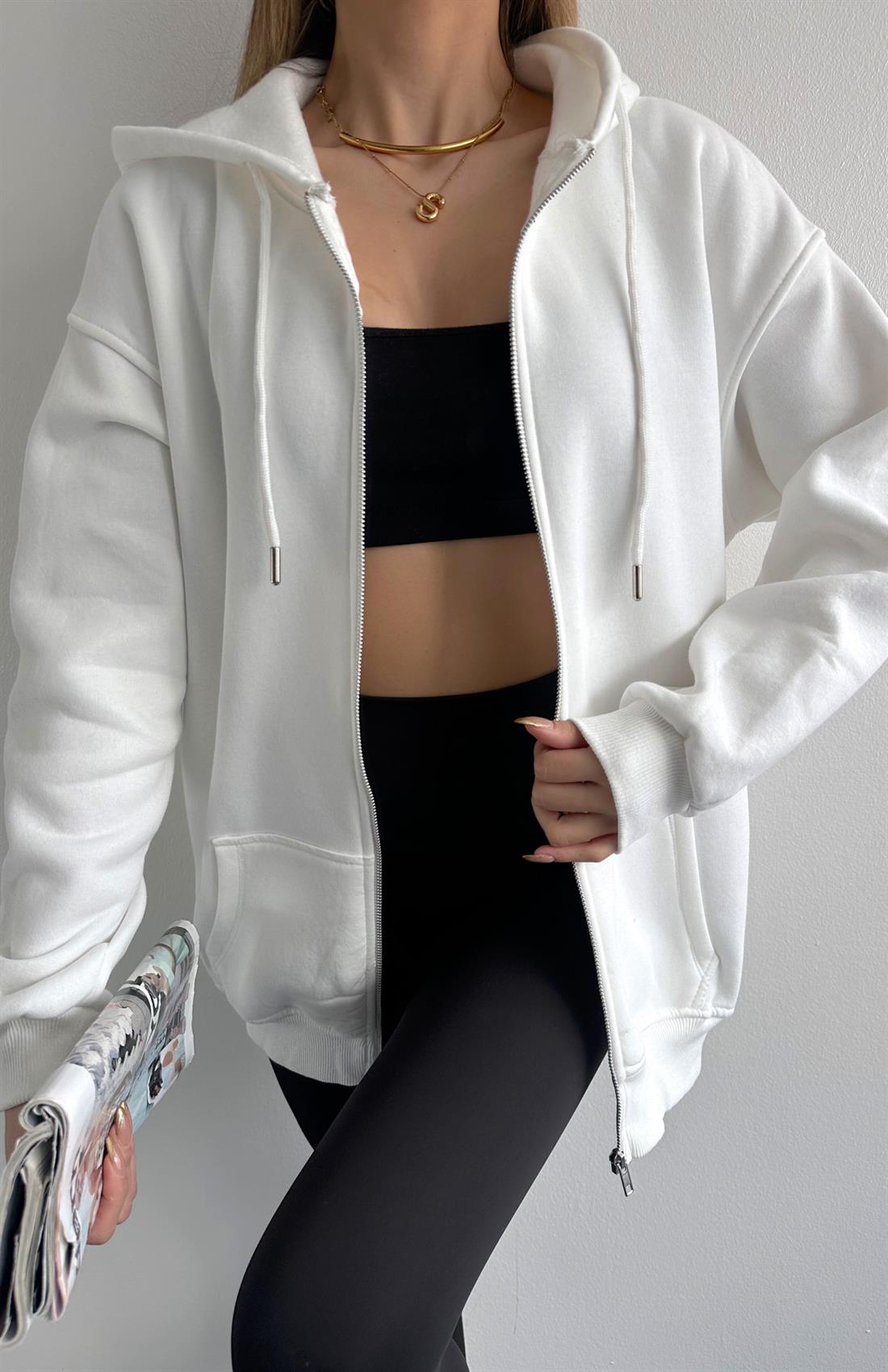 Fermuarkı Kanguru Cepli Kapşonlu Sweatshırt EKRU