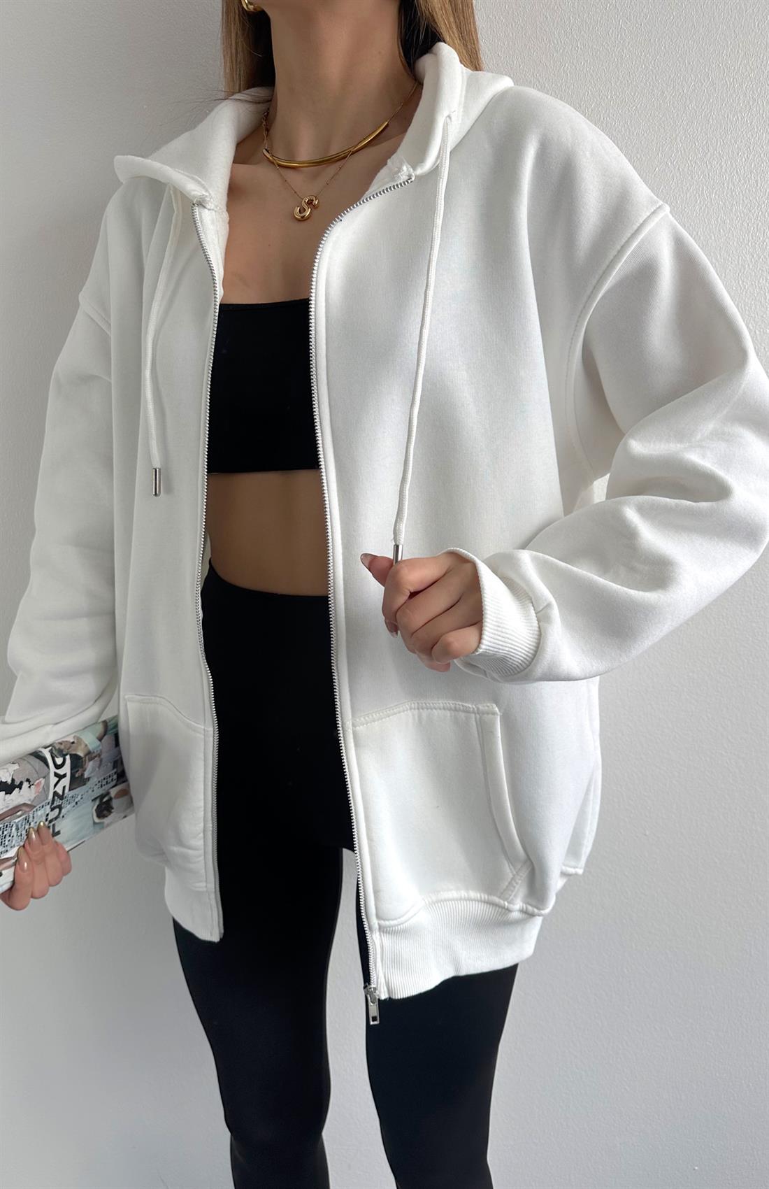 Fermuarkı Kanguru Cepli Kapşonlu Sweatshırt EKRU