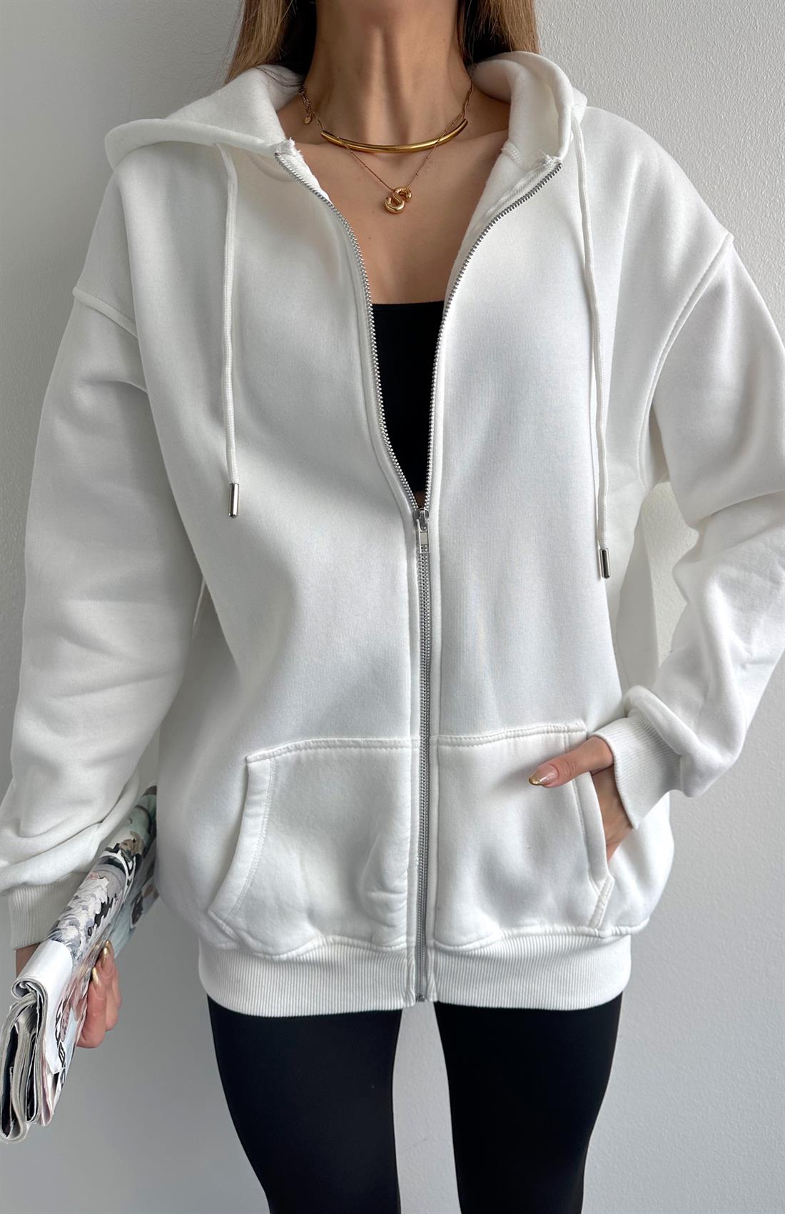 Fermuarkı Kanguru Cepli Kapşonlu Sweatshırt EKRU