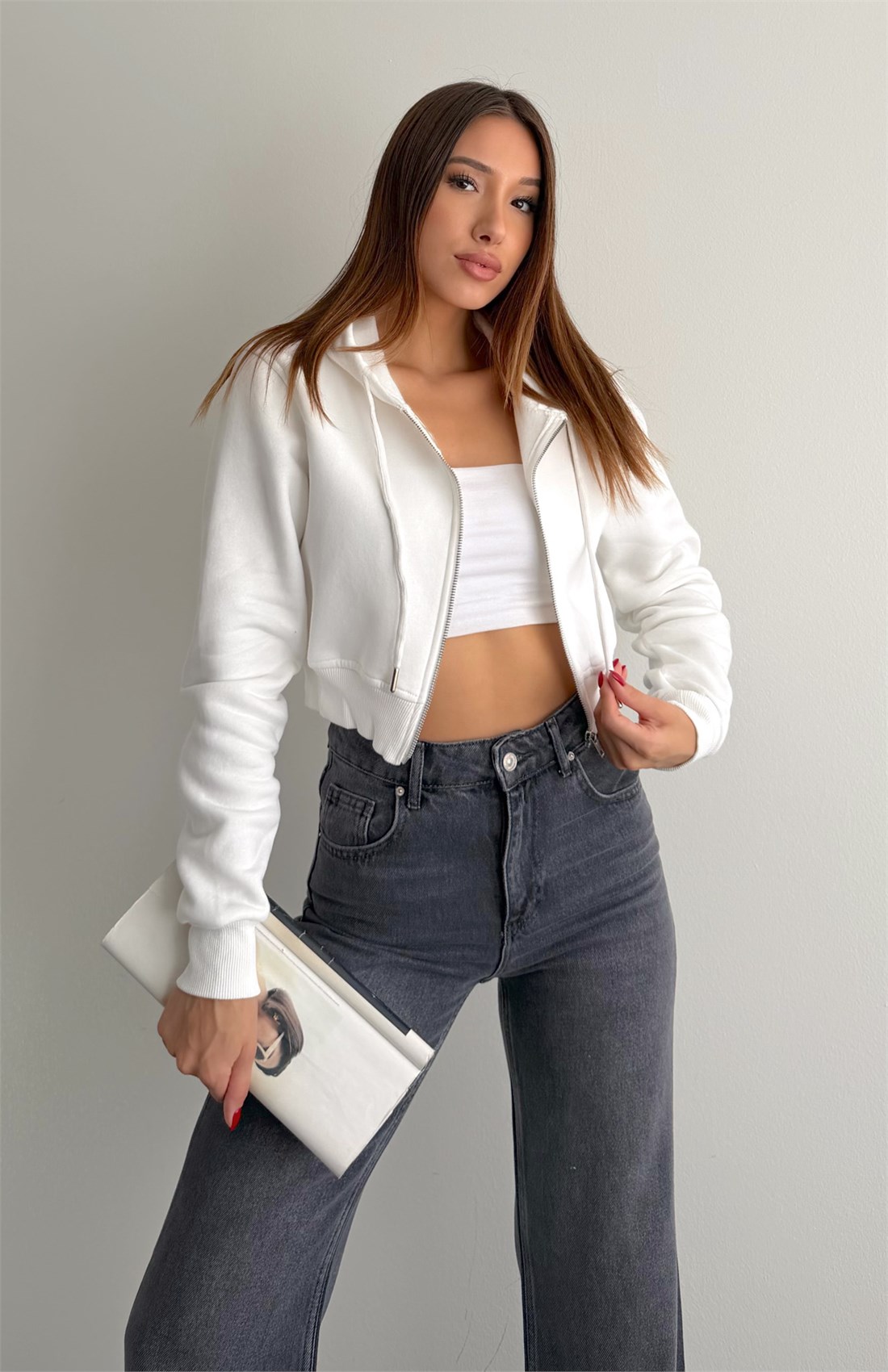 Fermuarlı Crop Sweatshırt EKRU