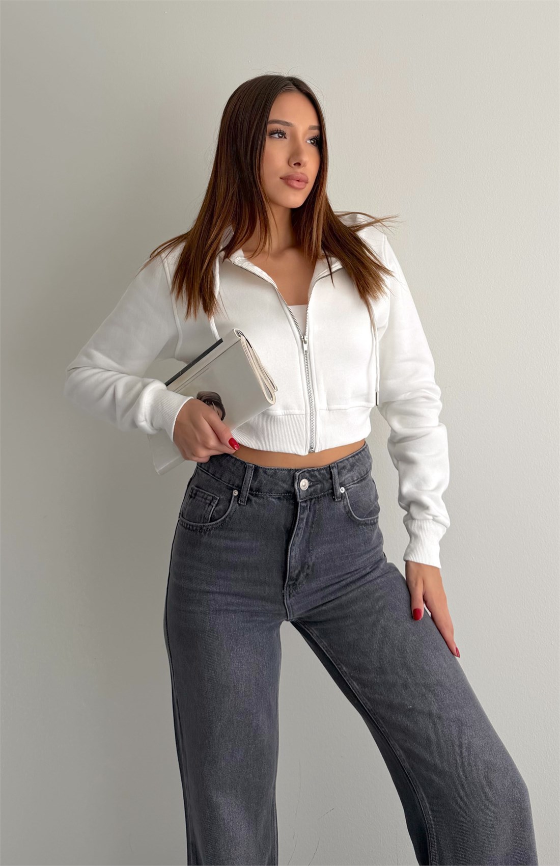 Fermuarlı Crop Sweatshırt EKRU