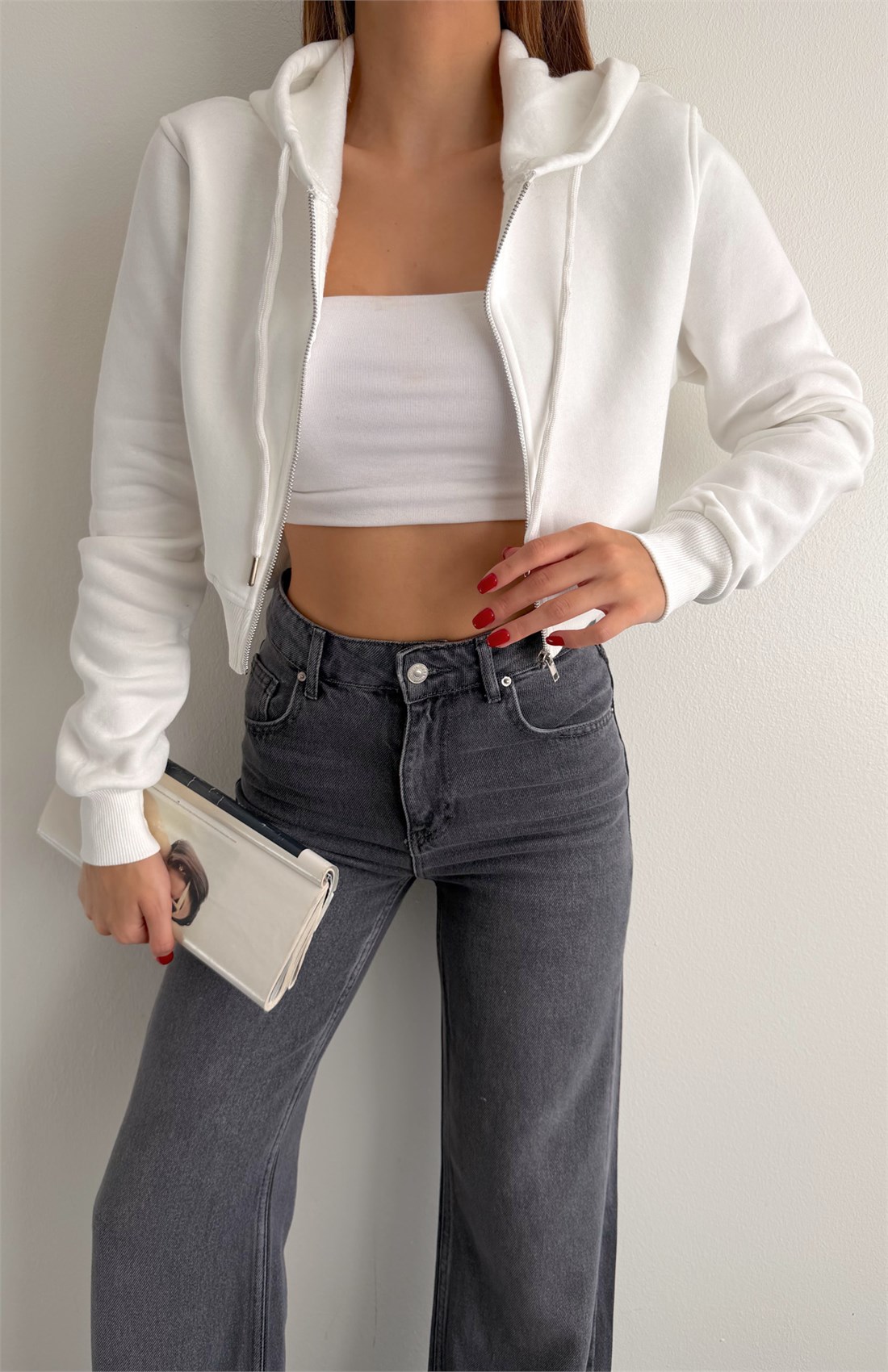 Fermuarlı Crop Sweatshırt EKRU