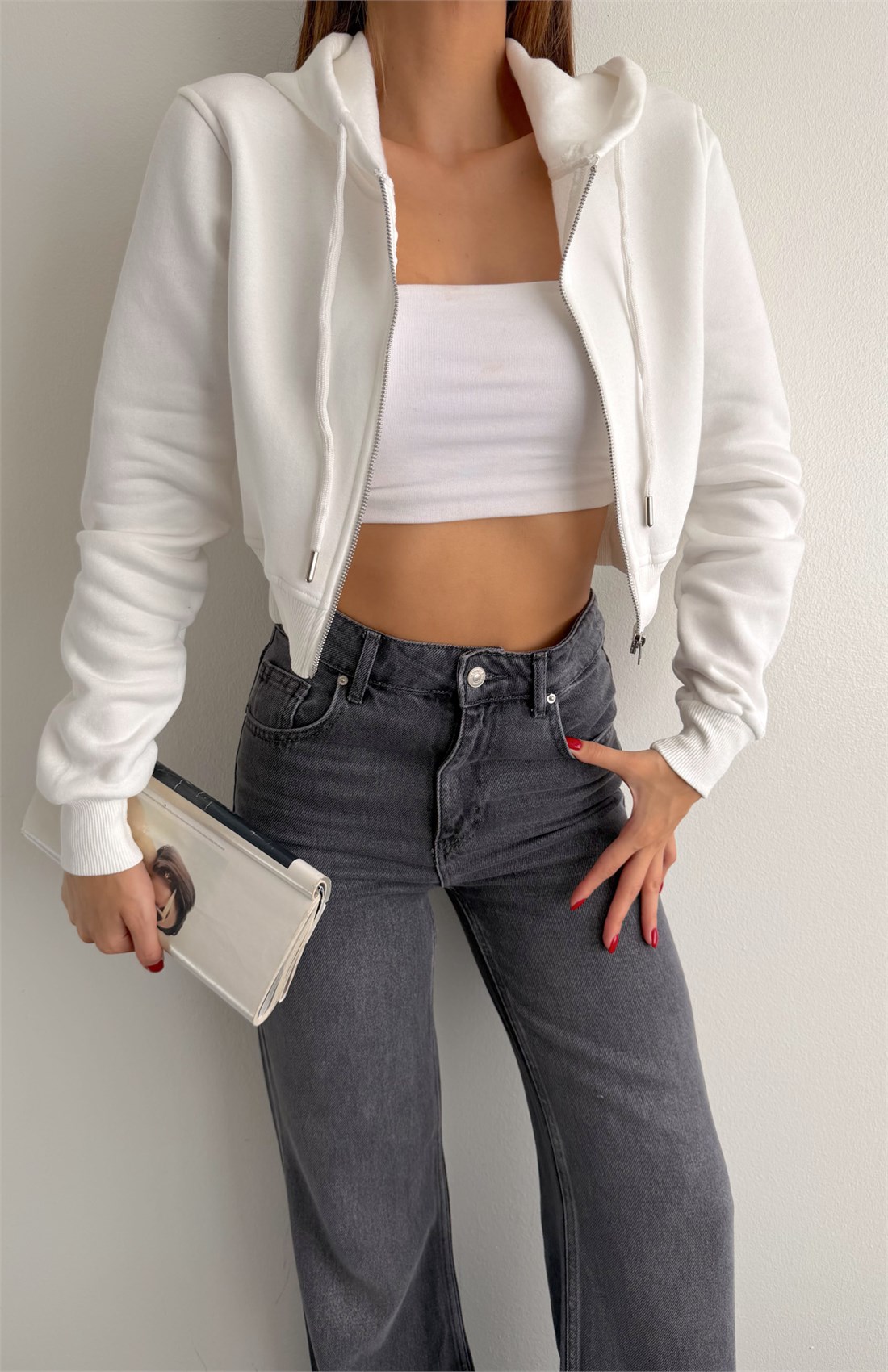 Fermuarlı Crop Sweatshırt EKRU